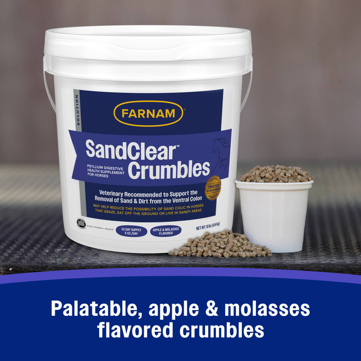 Palatable, apple and molasses flavored crumbles