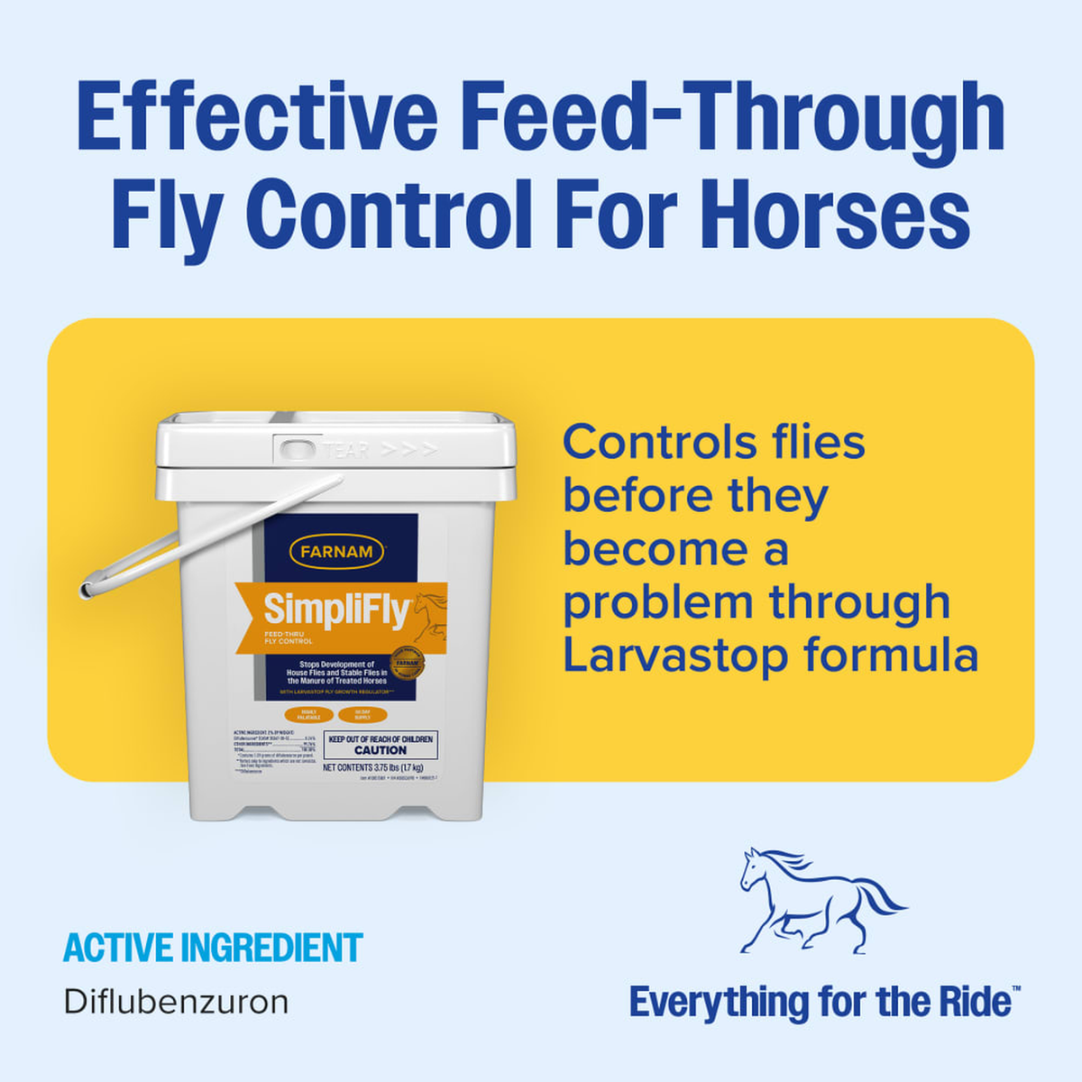 SimpliFly bucket with effective feed-through fly control benefits listed