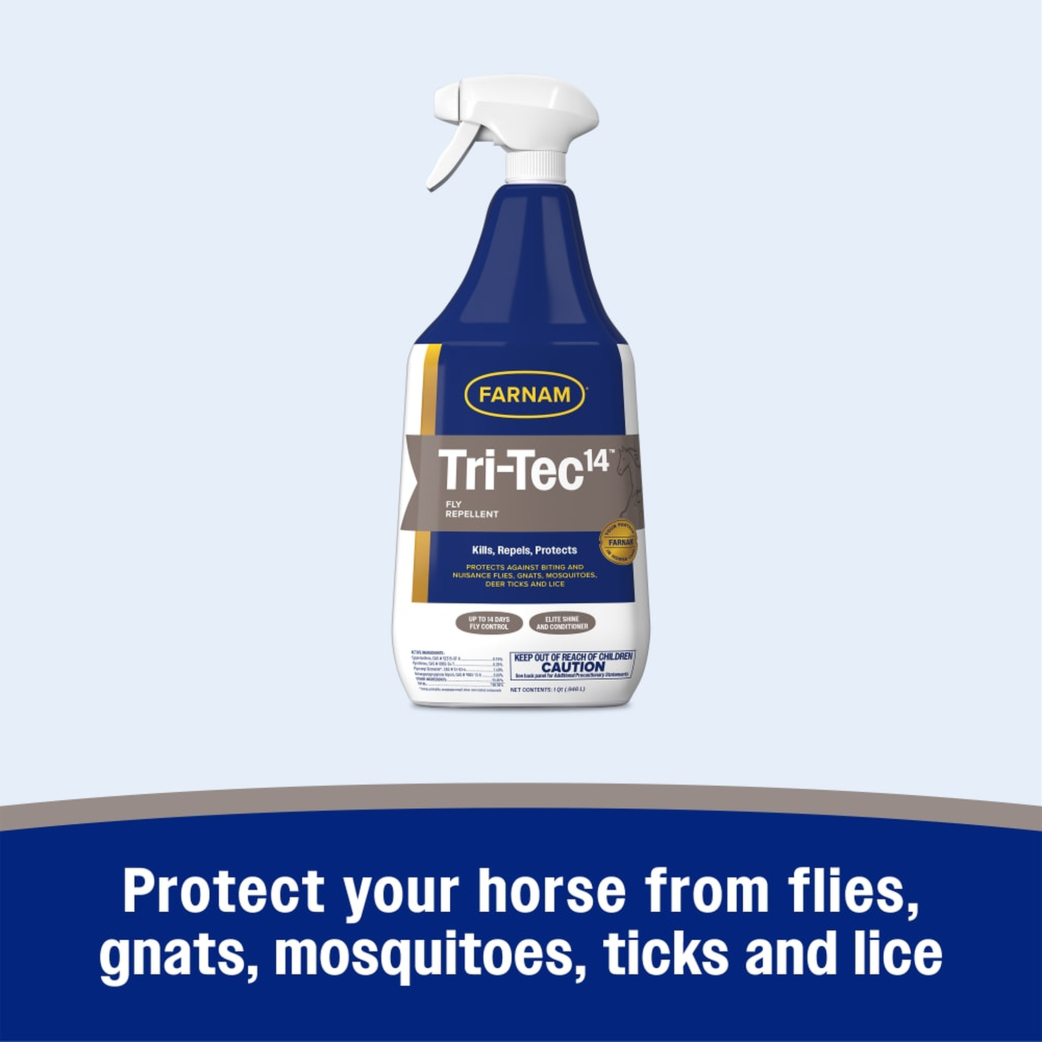 Tri-Tec 14 protects your horse from flies, gnats, mosquitoes, ticks and lice