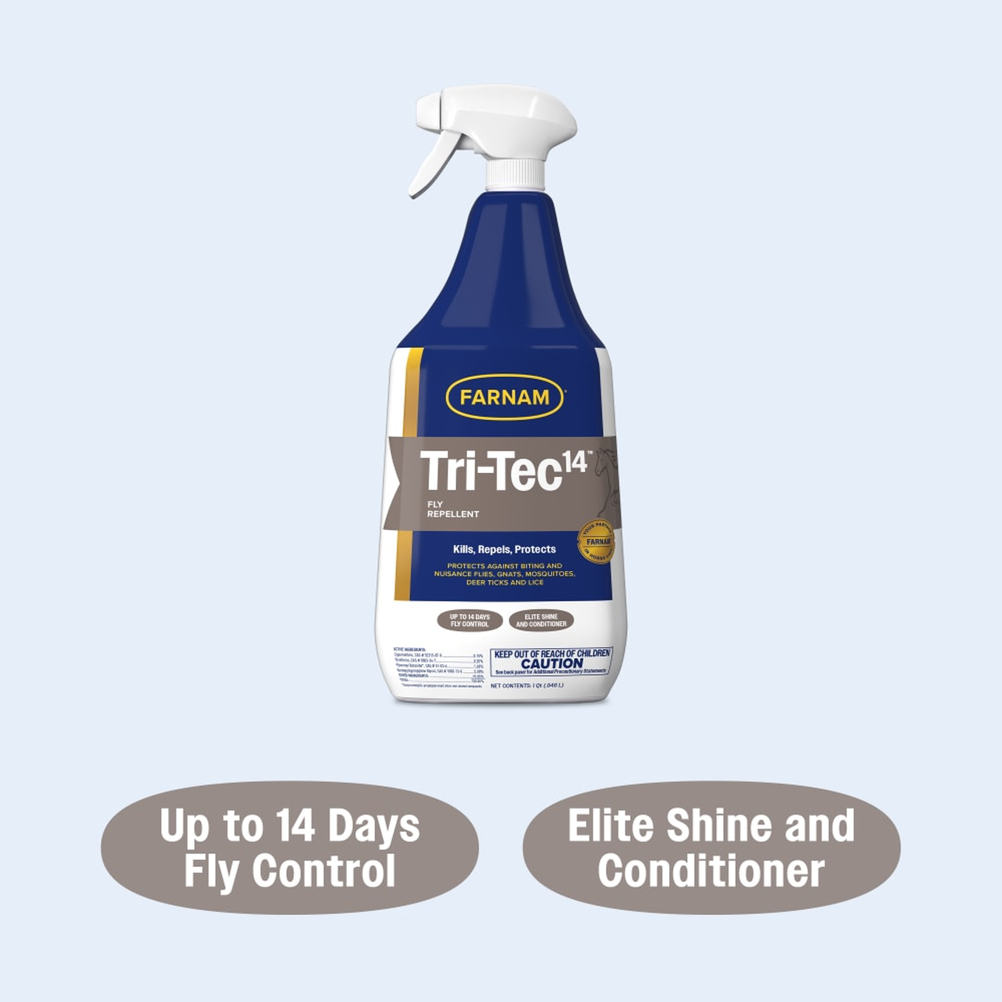 Tri-Tec 14 badges: up to 14 days fly control, elite shine and conditioner