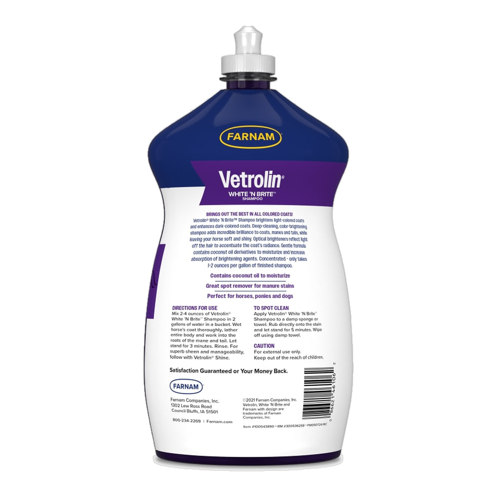 Farnam Vetrolin White 'N Brite Shampoo back of package label