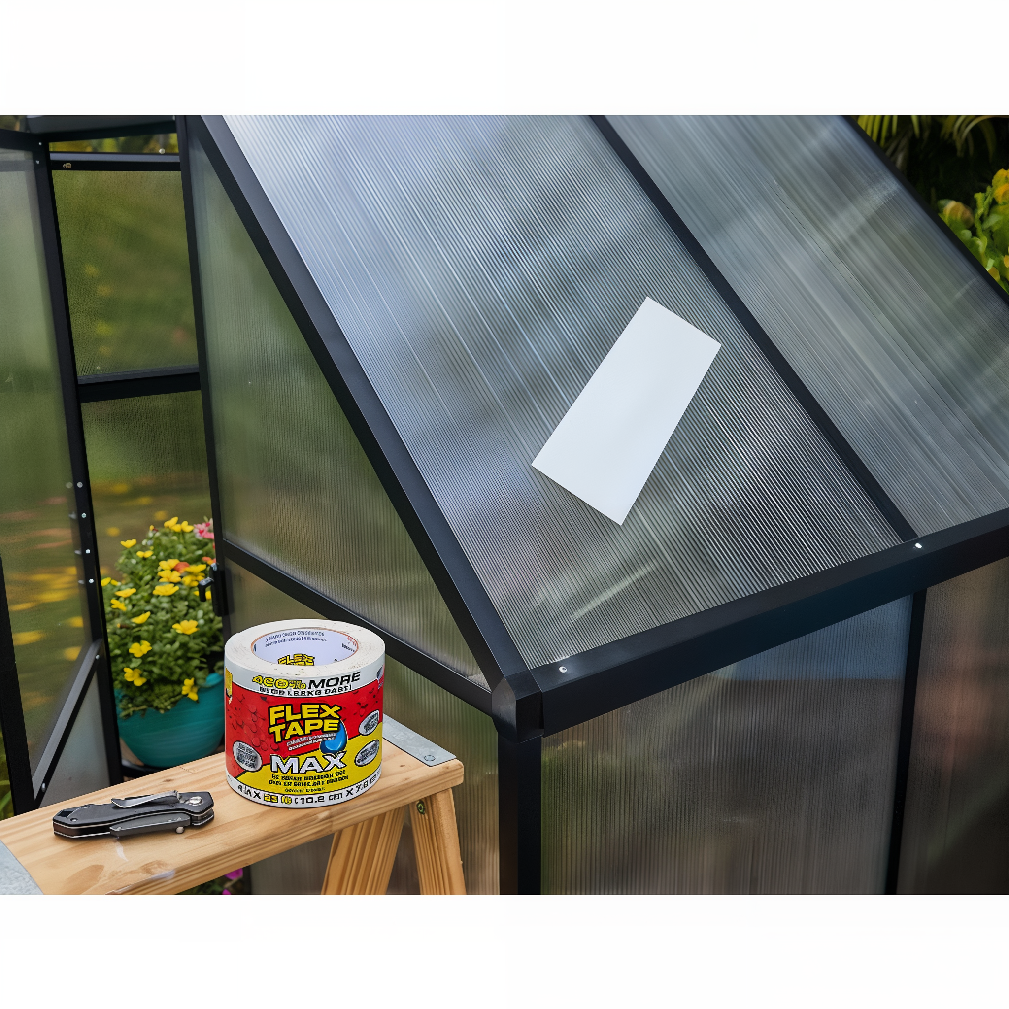 Flex Tape MAX sealing a greenhouse roof panel