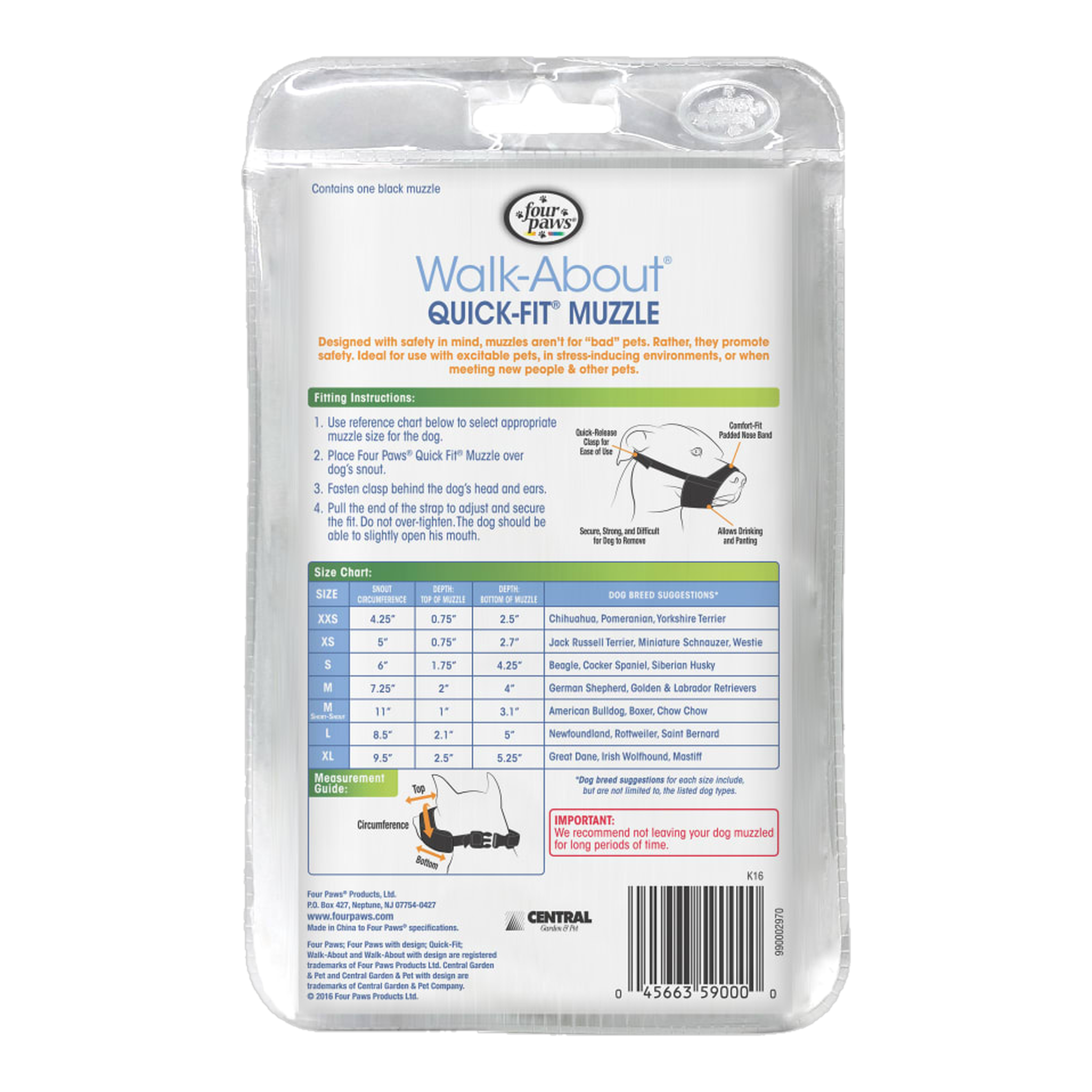 Four Paws Walk-About Quick-Fit Dog Muzzle package back with sizing and fitting information
