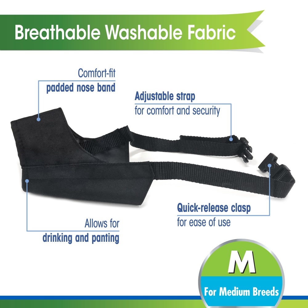 Four Paws Walk-About Quick-Fit Dog Muzzle muzzle construction, padded nose band and quick-release clasp