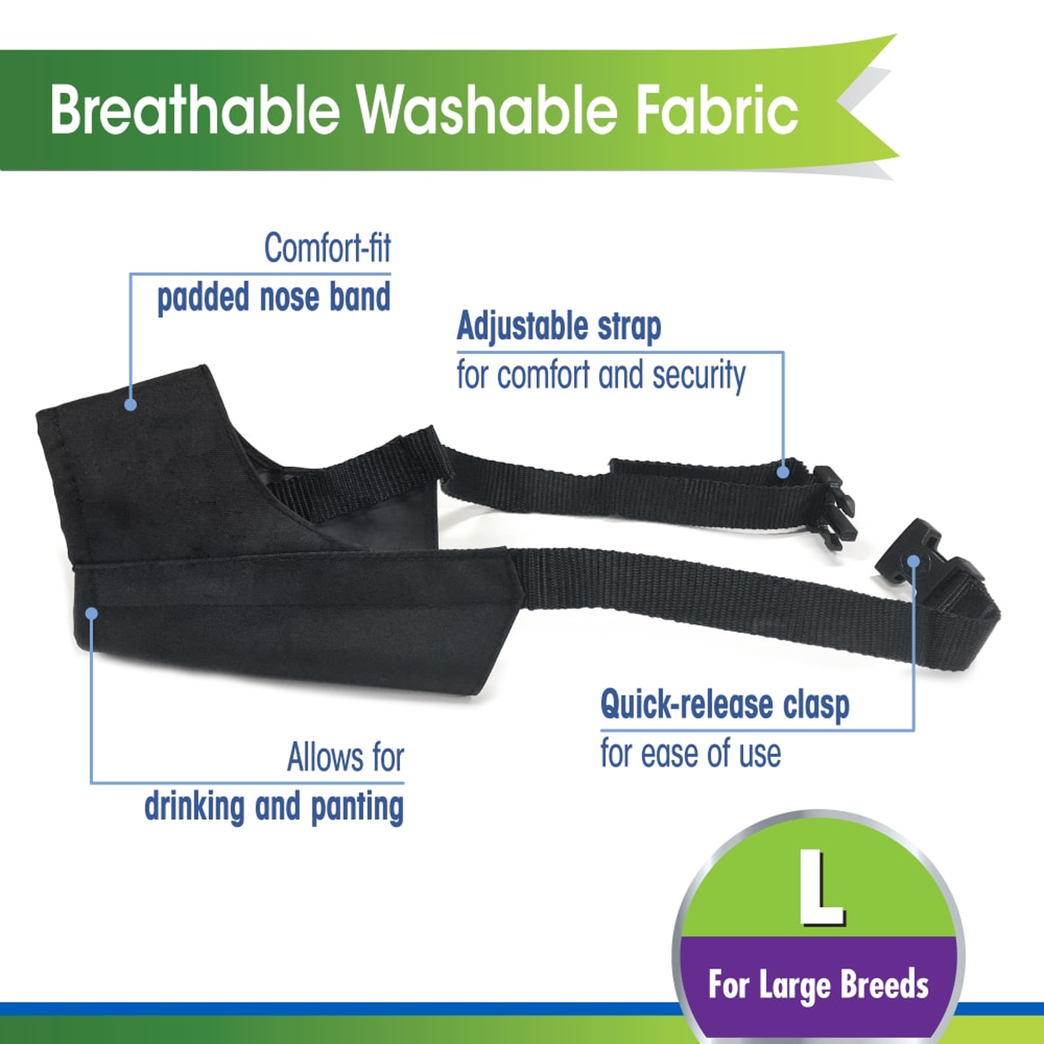 Four Paws Walk-About Quick-Fit Dog Muzzle muzzle construction, padded nose band and quick-release clasp