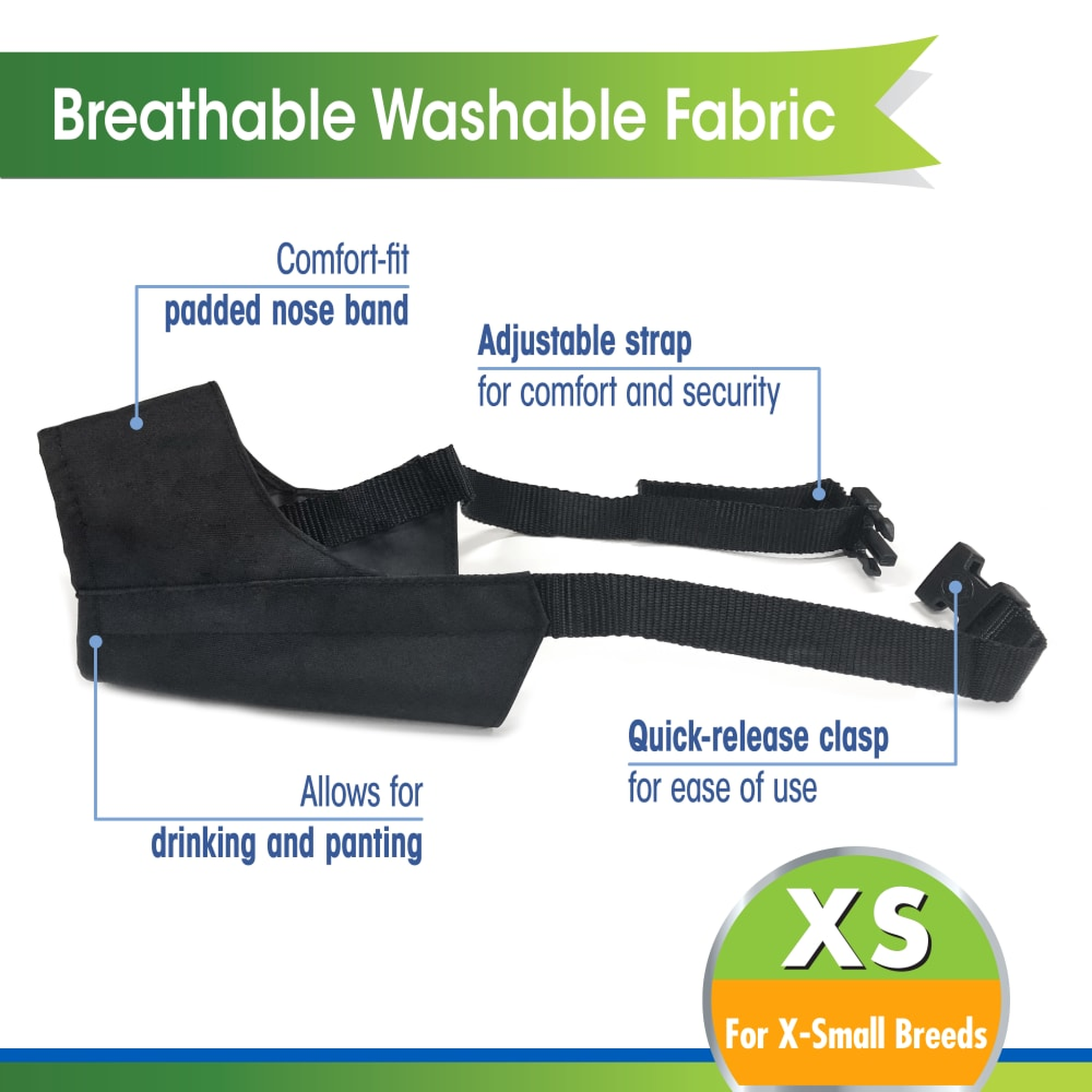 Four Paws Walk-About Quick-Fit Dog Muzzle muzzle construction, padded nose band and quick-release clasp #X-Small