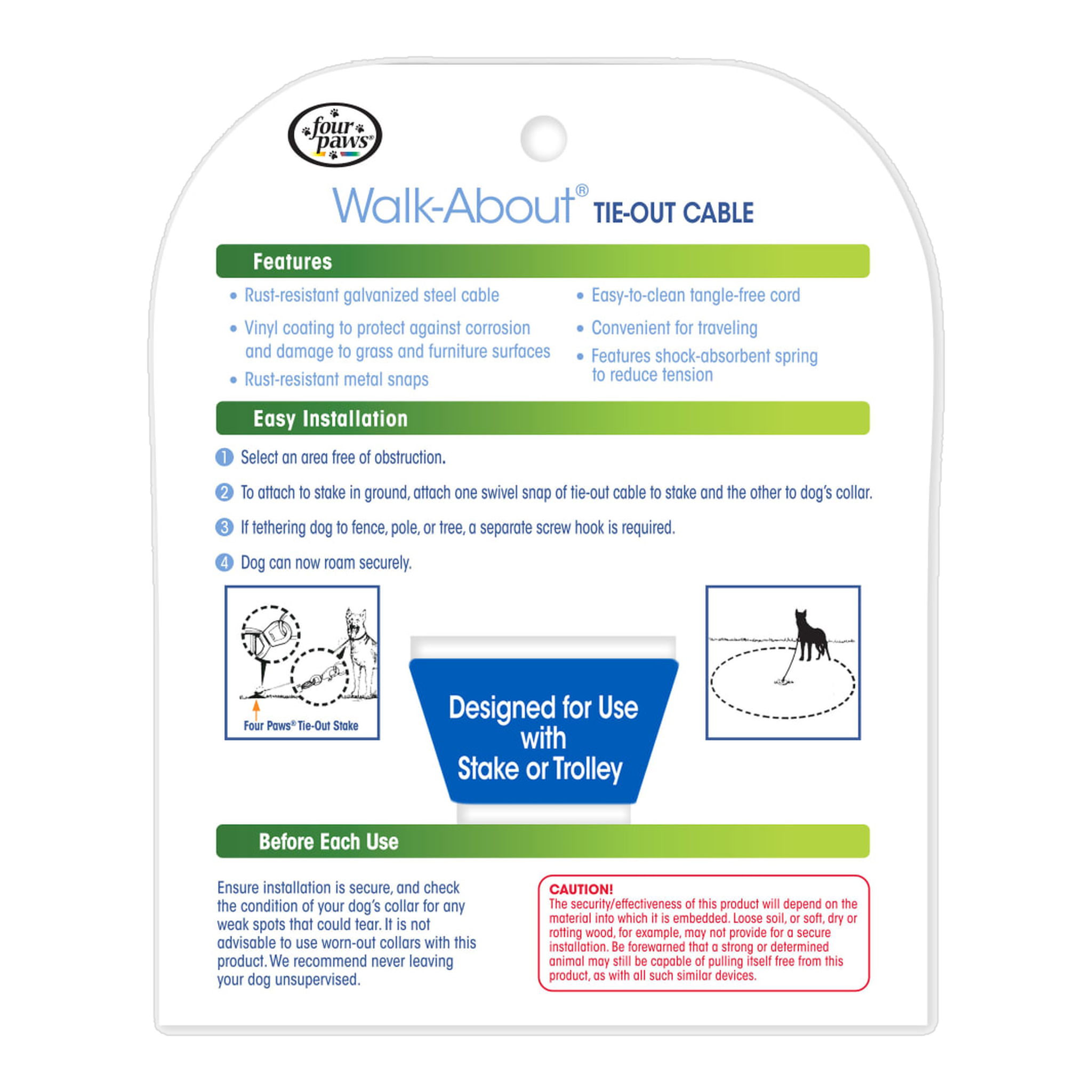 Four Paws Walk-About Medium Weight Dog Tie-Out Cable package back with features and installation steps