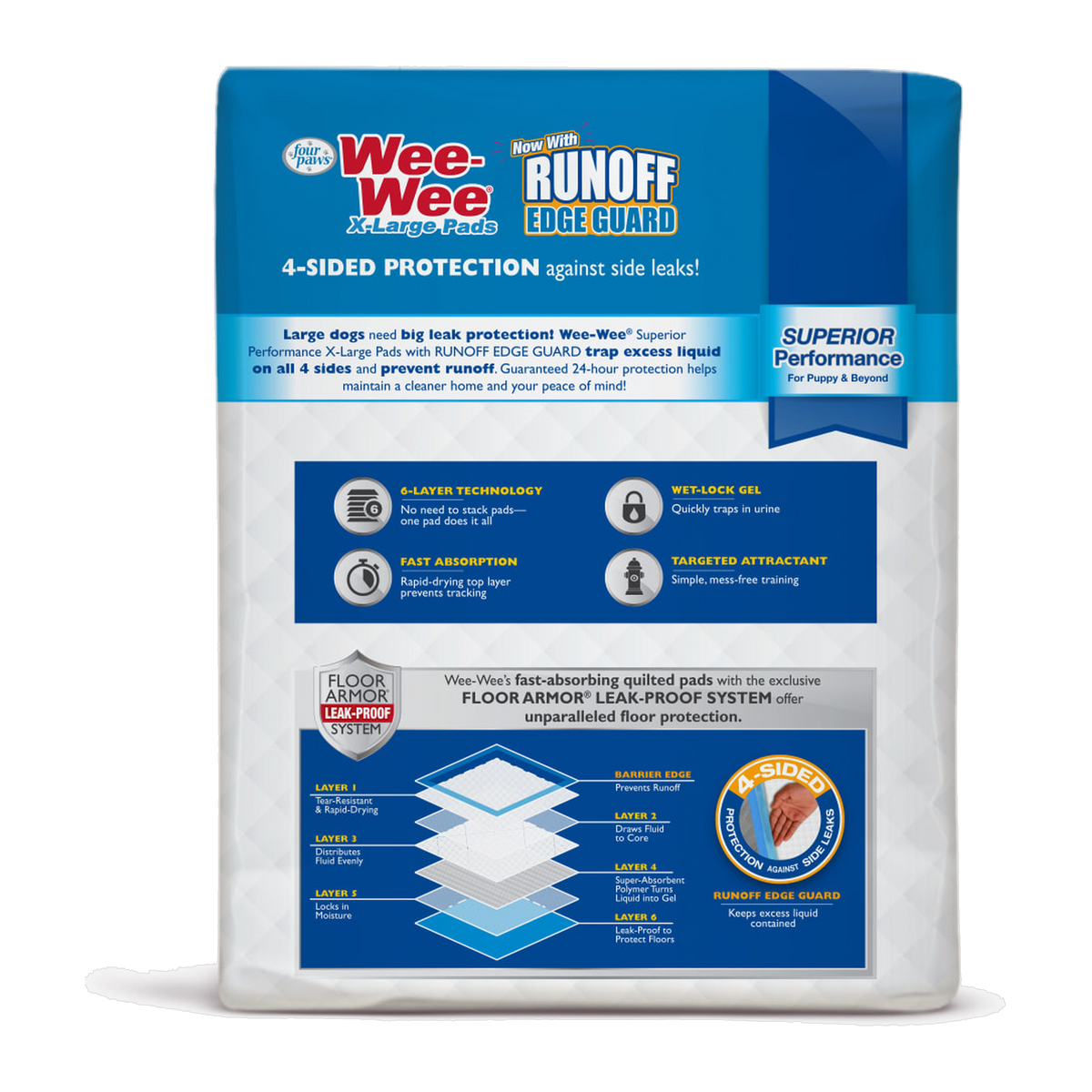 Four Paws Wee-Wee Superior Performance X-Large Dog Pee Pads with Runoff Edge Guard package back with directions