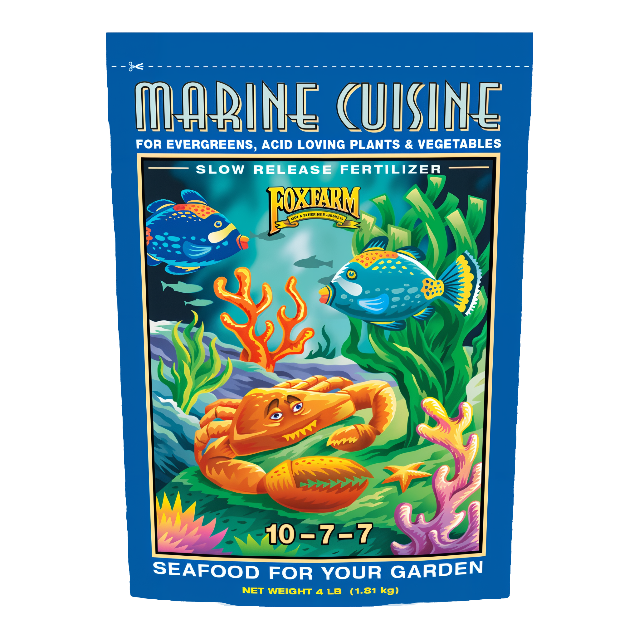 FoxFarm Marine Cuisine All-Purpose Dry Fertilizer 10-7-7 4 lb bag, ocean-based crab shrimp seabird guano and kelp slow-release plant food