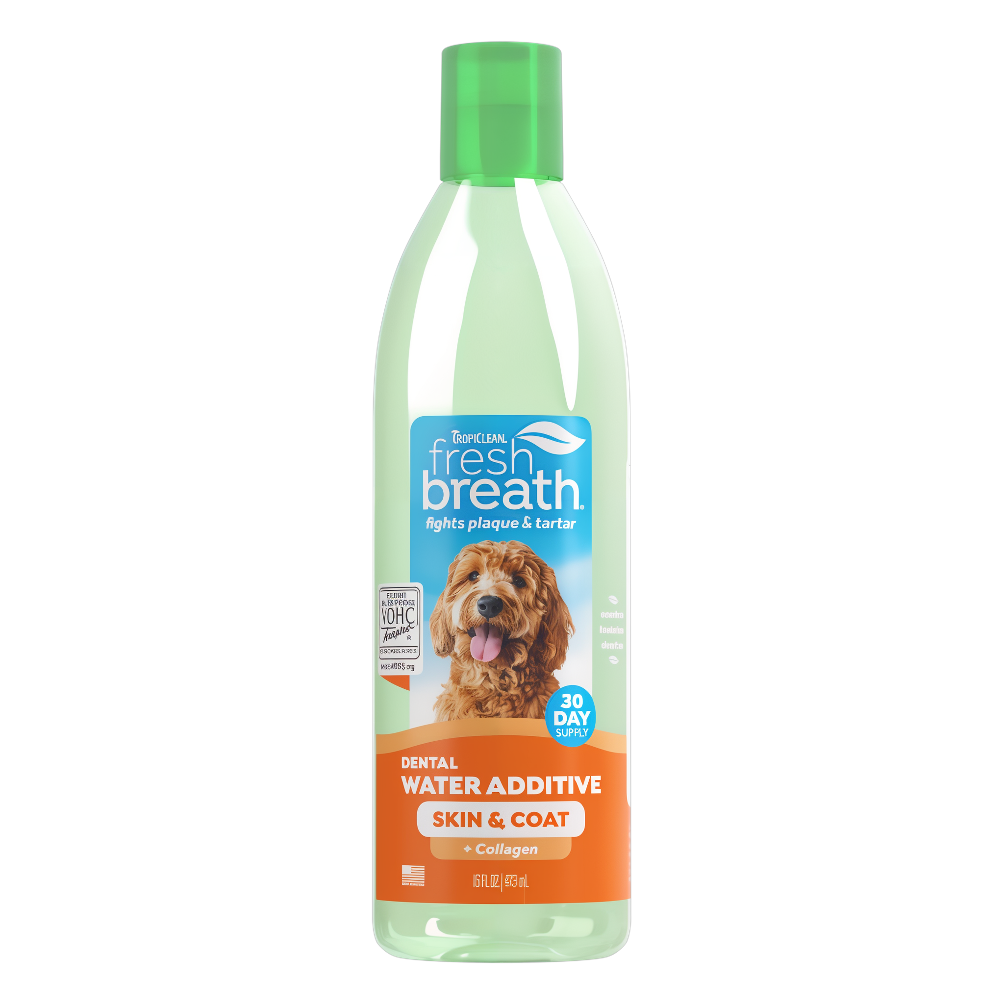 TropiClean Fresh Breath Dental Pet Water Additive with Skin and Coat additive. Bottle on a white background.