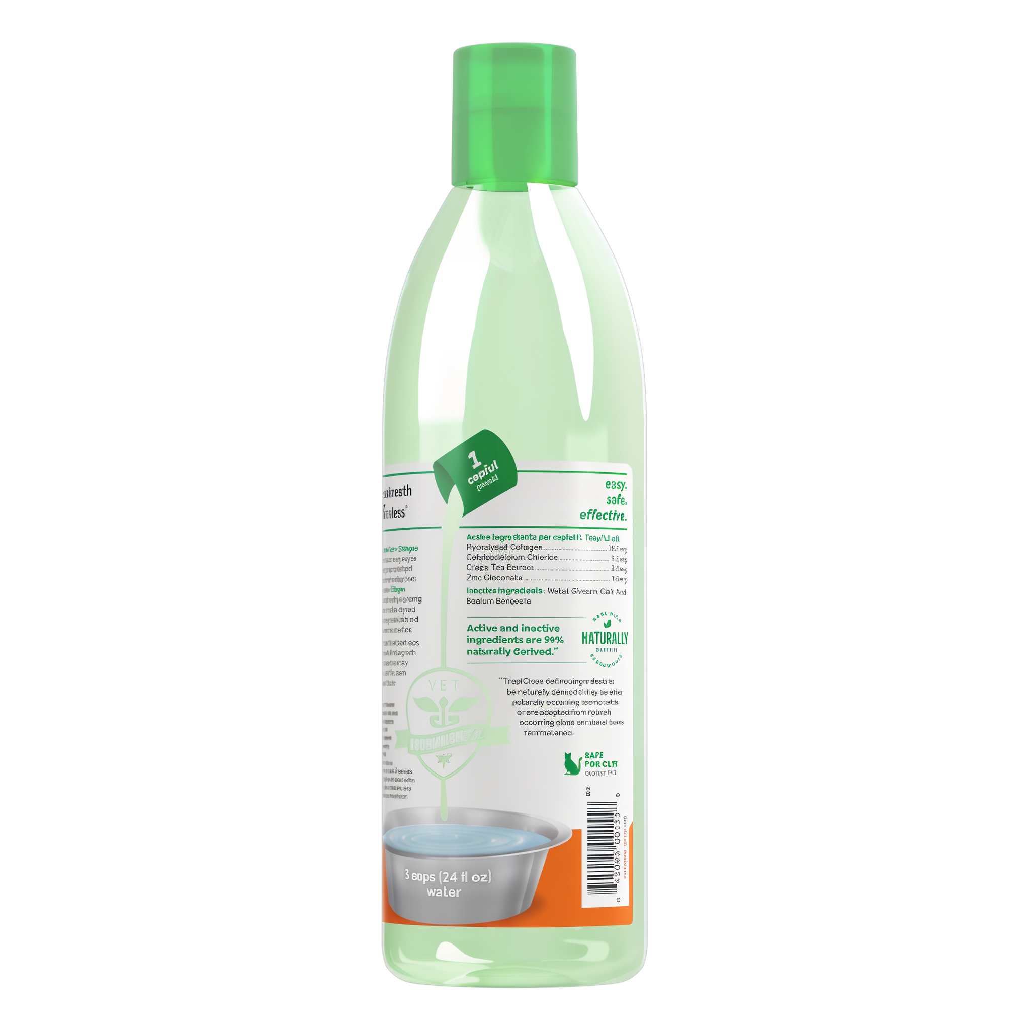 Clear bottle with green cap containing pale green liquid, labeled TropiClean Fresh Breath oral care additive for pets.