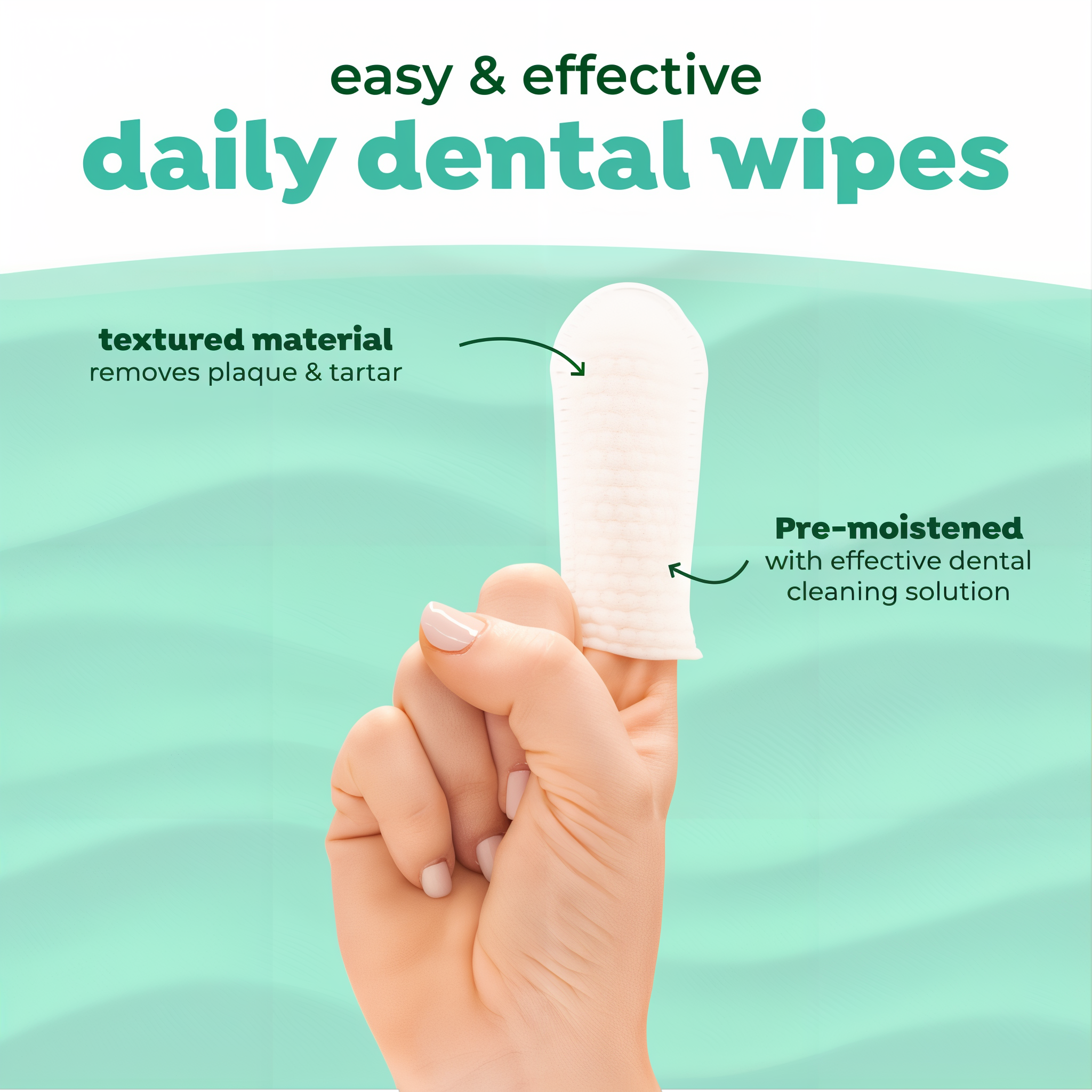 TropiClean Fresh Breath Finger Dental Wipes for Pets. Hand with a dental wipe on finger with text highlighting features on a teal background