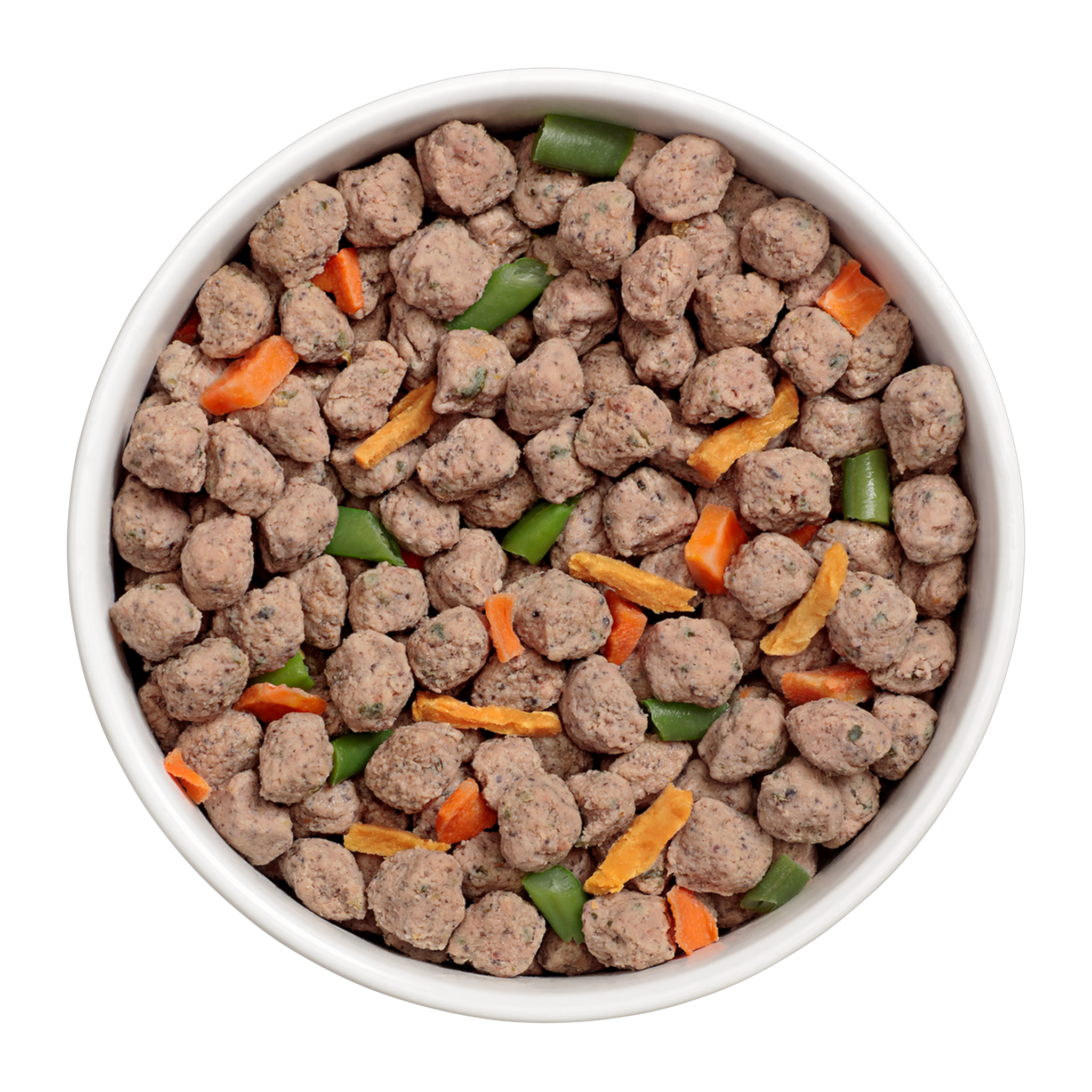 Freshpet Small Dog Beef and Egg fresh dog food small bites served in a bowl with carrots and green beans