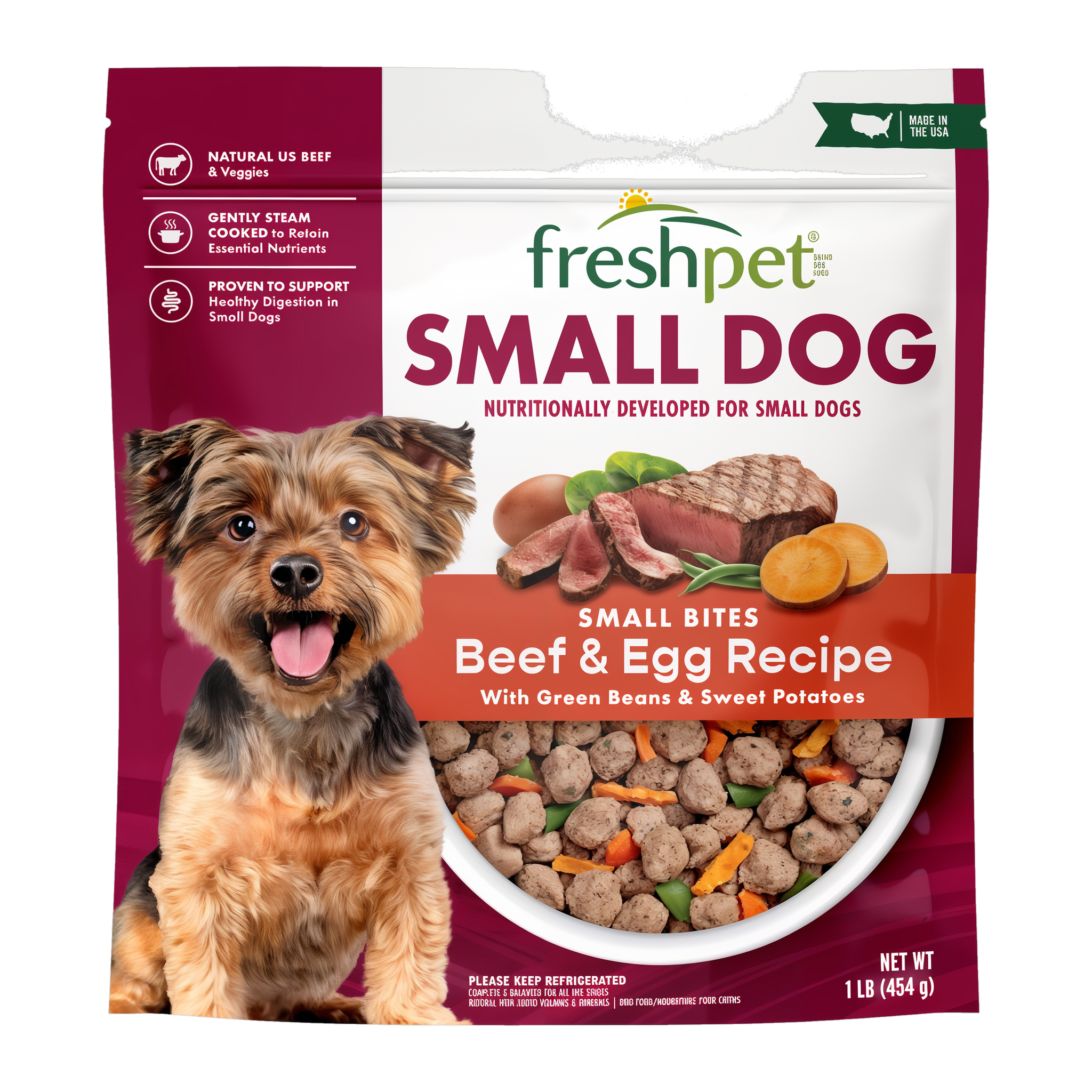 Freshpet Small Dog Beef and Egg Recipe with Green Beans and Sweet Potatoes 1 lb bag front, fresh refrigerated small breed dog food