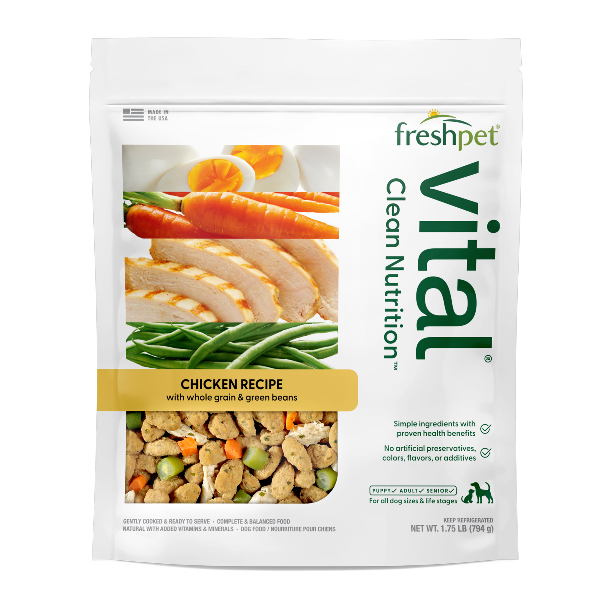 Freshpet Vital Chicken Recipe with Whole Grains and Green Beans 1.75 lb bag front, fresh refrigerated dog food