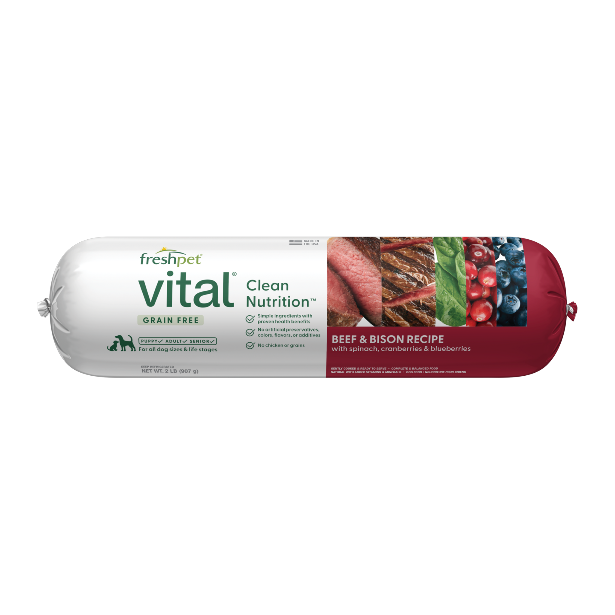 Freshpet Vital Grain Free Beef and Bison Recipe with Spinach Cranberries and Blueberries 2 lb roll front, fresh refrigerated dog food