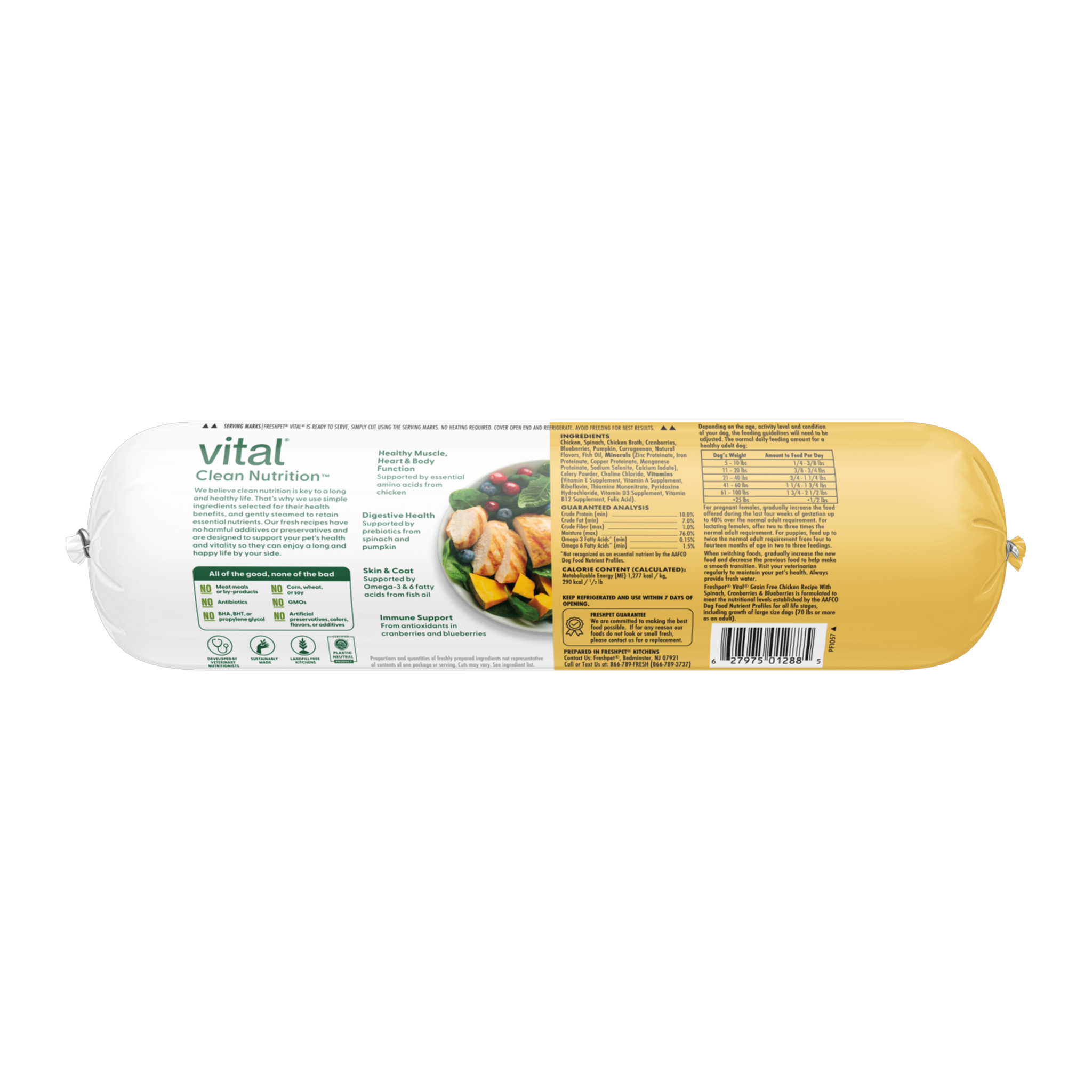 Freshpet Vital Grain Free Chicken recipe roll back label with ingredients, guaranteed analysis and feeding chart