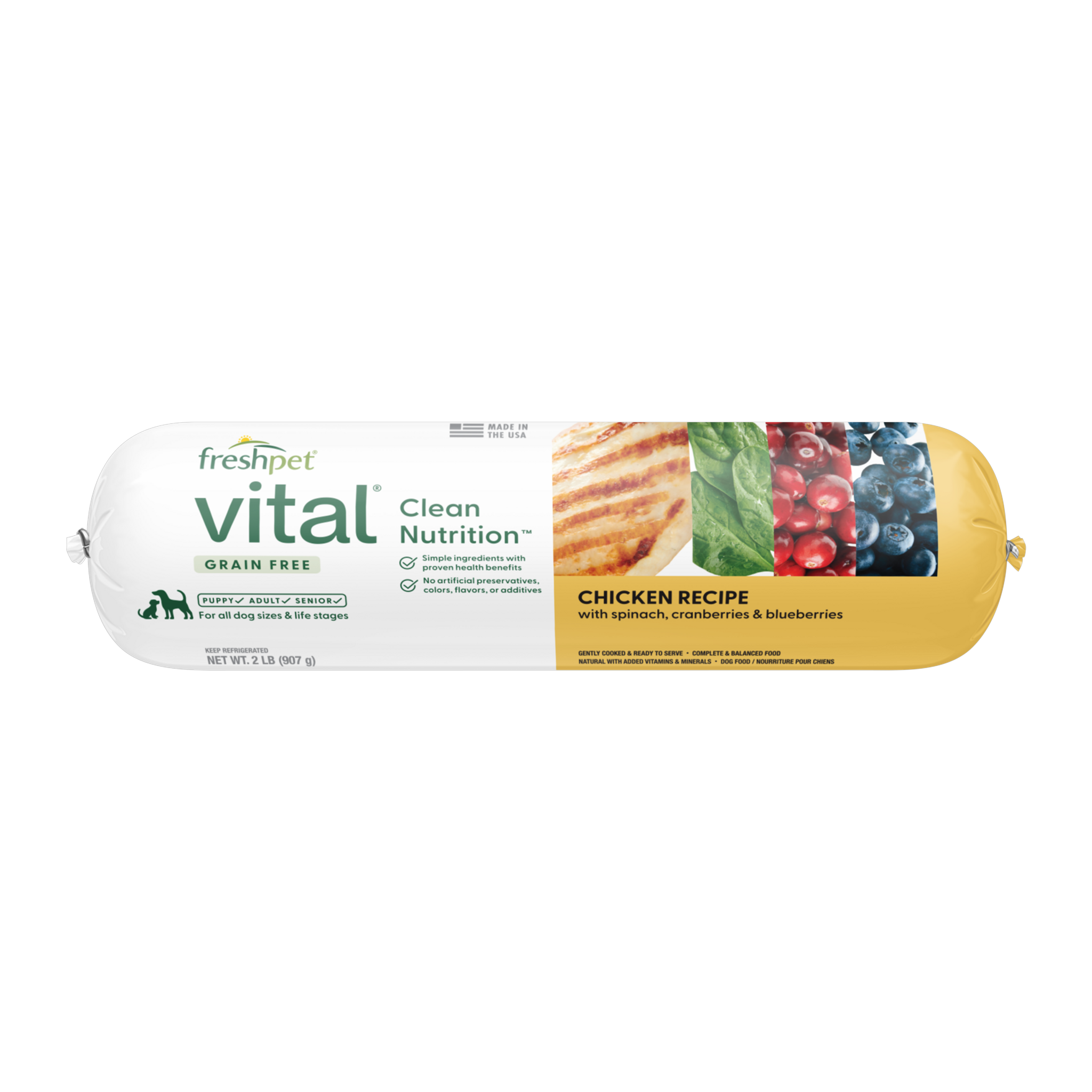 Freshpet Vital Grain Free Chicken Recipe with Spinach Cranberries and Blueberries fresh refrigerated dog food roll front