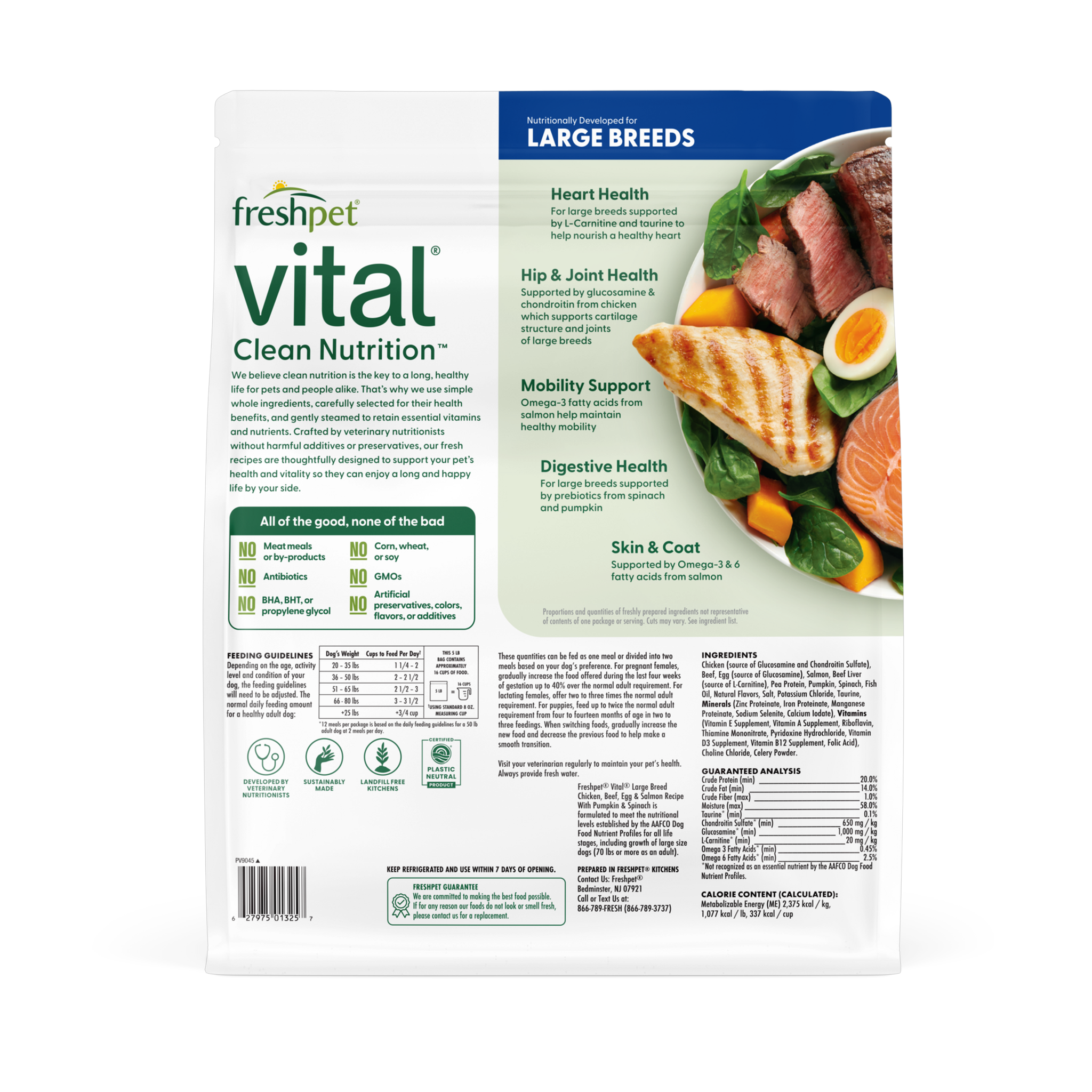 Freshpet Vital Large Breed recipe back of bag with joint heart benefits, ingredients, guaranteed analysis and feeding chart