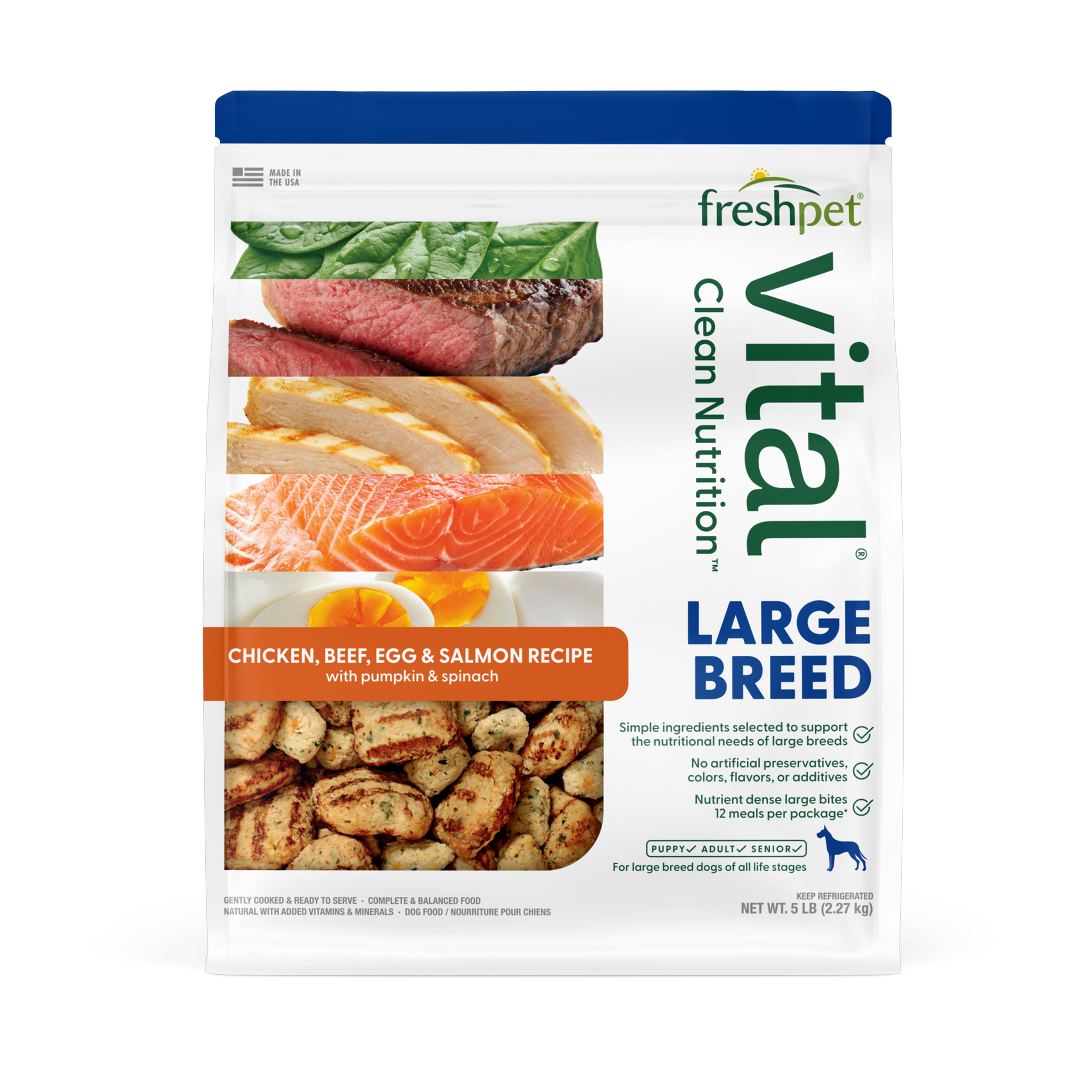 Freshpet Vital Large Breed Chicken Beef Egg and Salmon Recipe 5 lb bag front, fresh refrigerated large breed dog food
