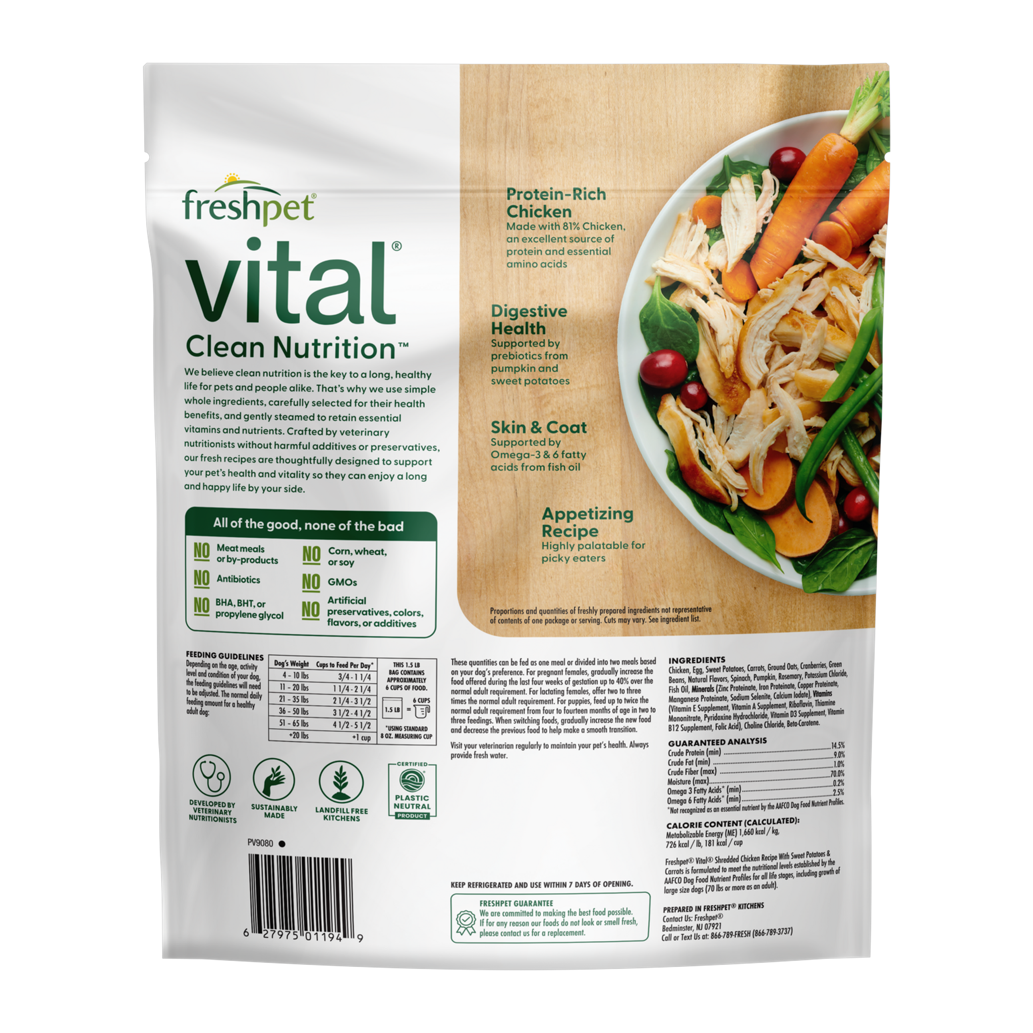 Freshpet Vital Shredded Chicken recipe back of bag showing benefits, ingredients and guaranteed analysis
