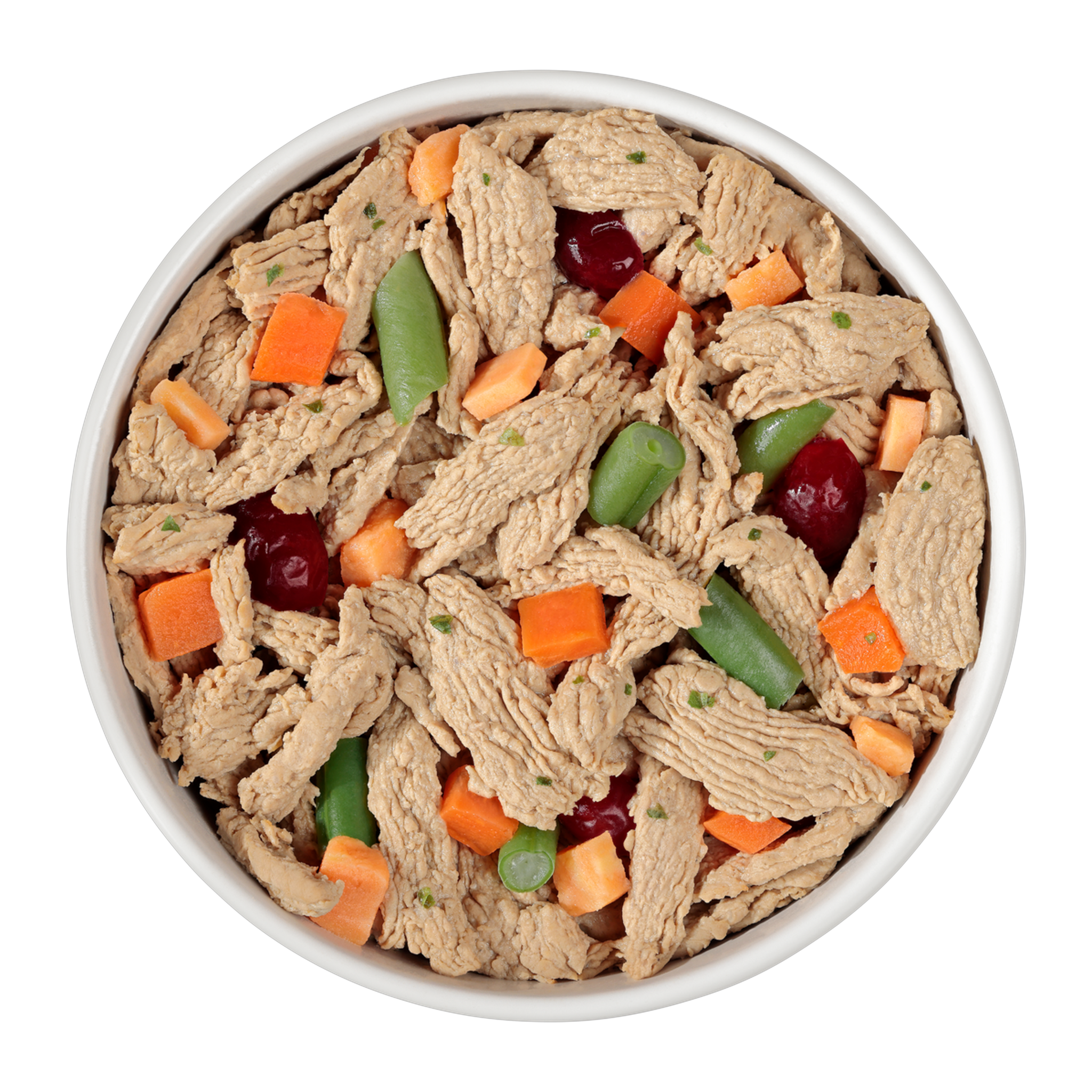 Freshpet Vital Shredded Chicken fresh dog food served in a bowl with shredded chicken, carrots and green beans
