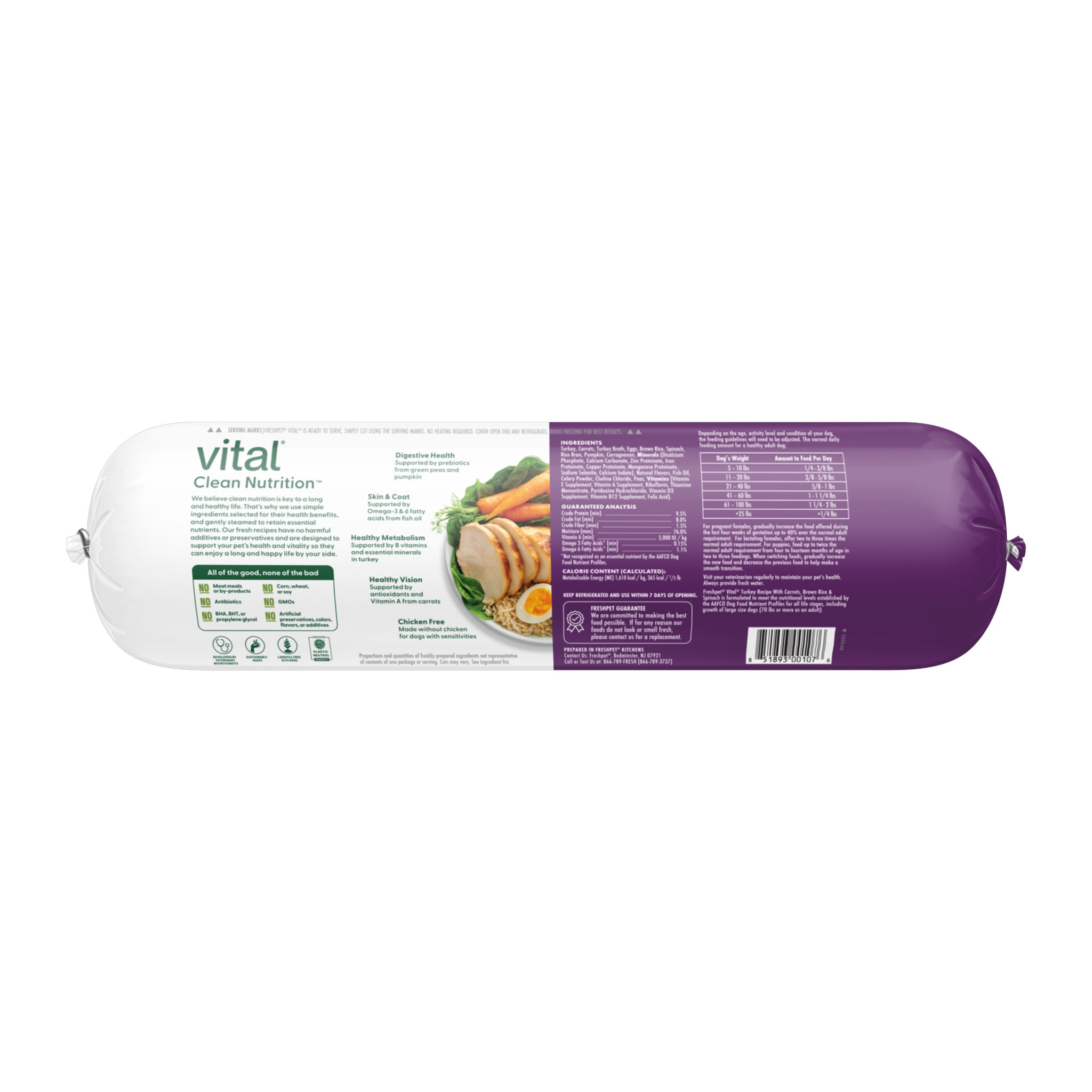 Freshpet Vital Turkey recipe roll back label with ingredients, guaranteed analysis and feeding chart
