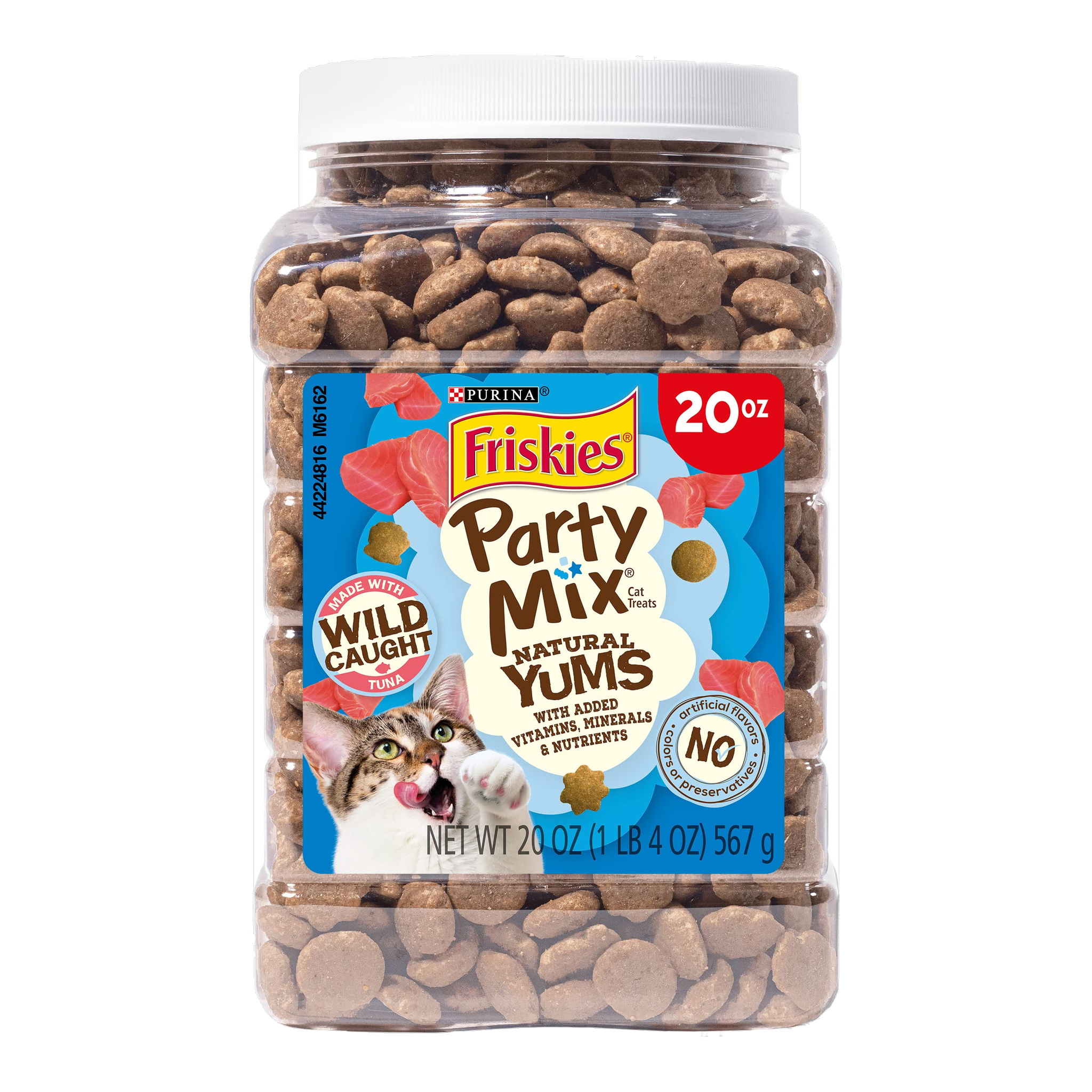 Purina Friskies Party Mix Natural Yums cat treats with real tuna 20 oz canister front