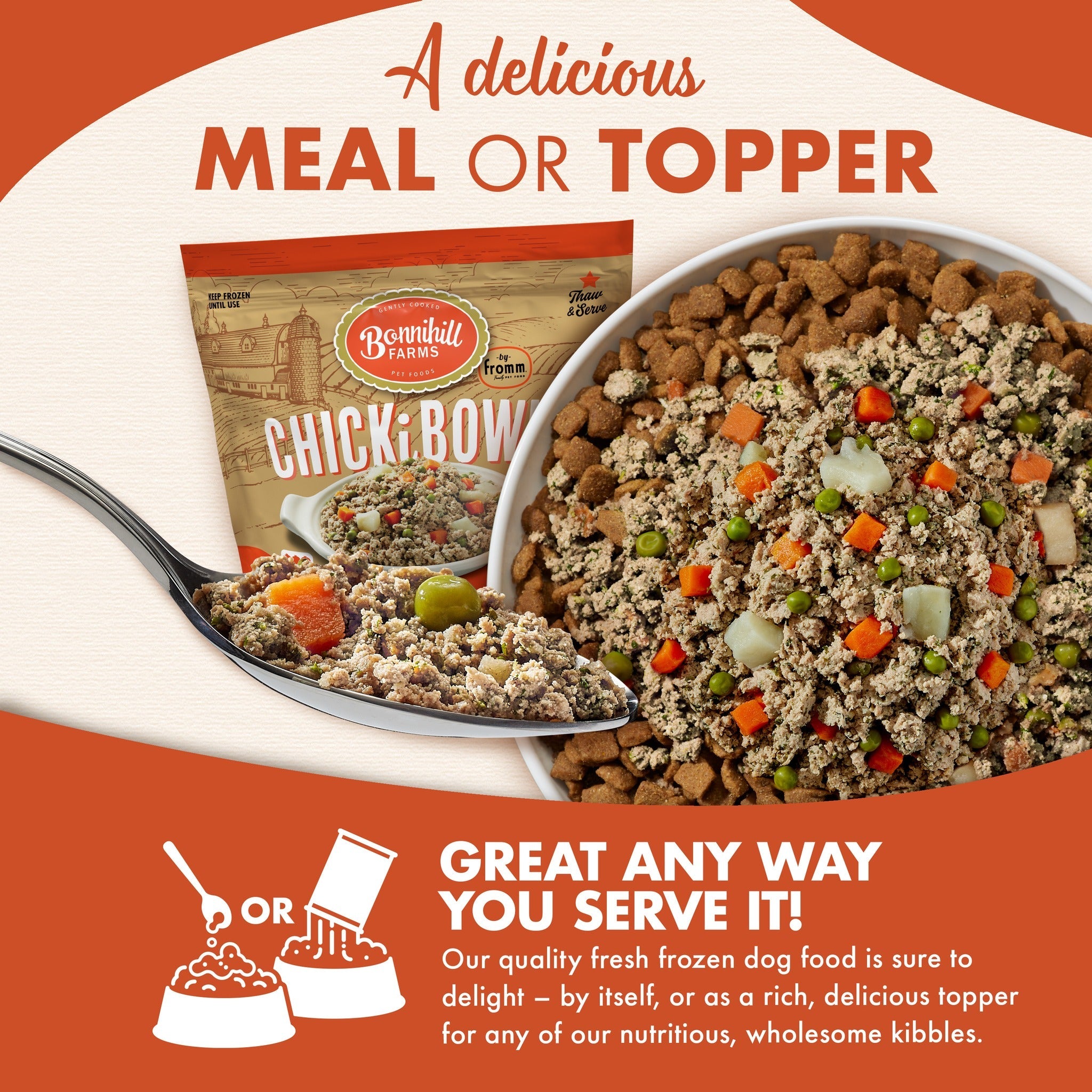 Bonnihill Farms ChickiBowls served as a delicious meal or as a rich topper over kibble