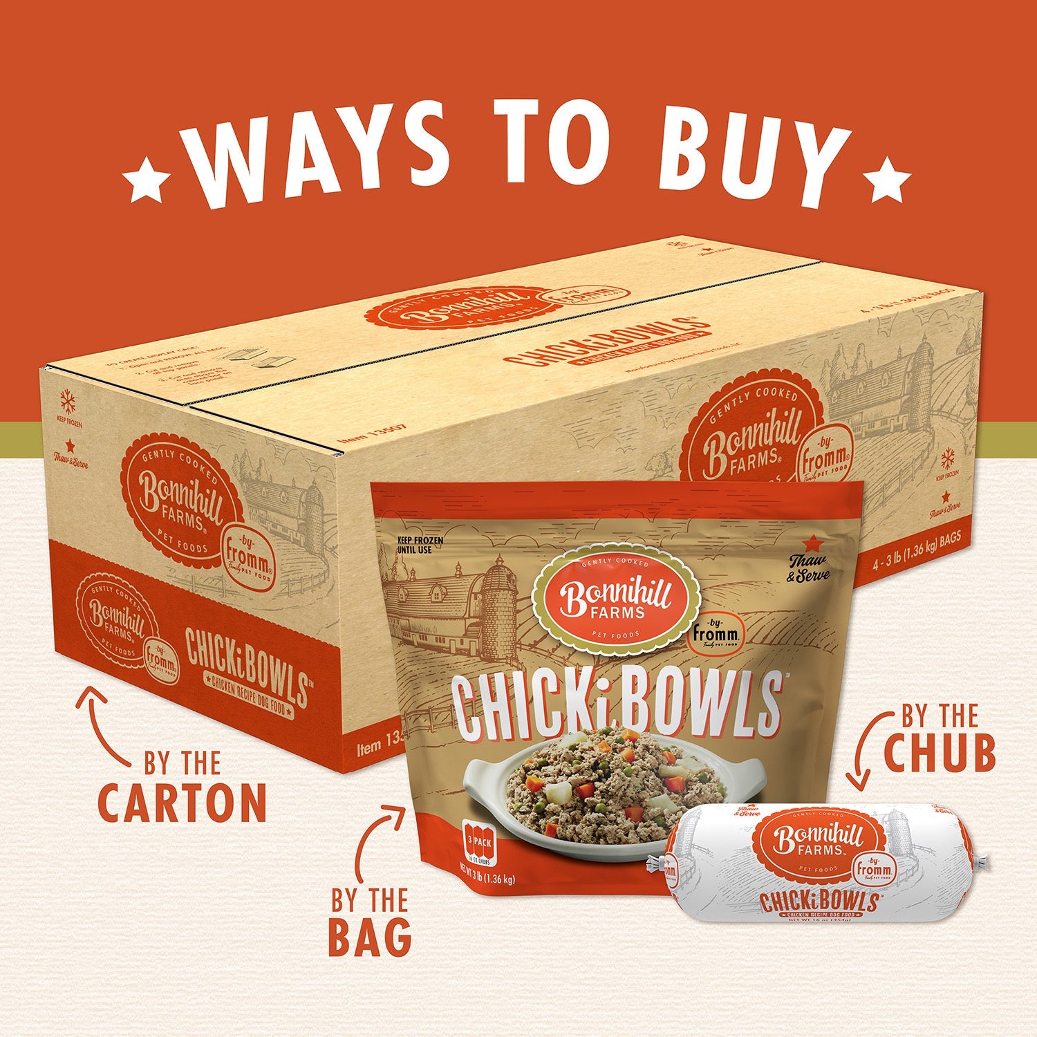 Bonnihill Farms ChickiBowls available by the carton, by the 3 lb bag, or by the 16 oz chub