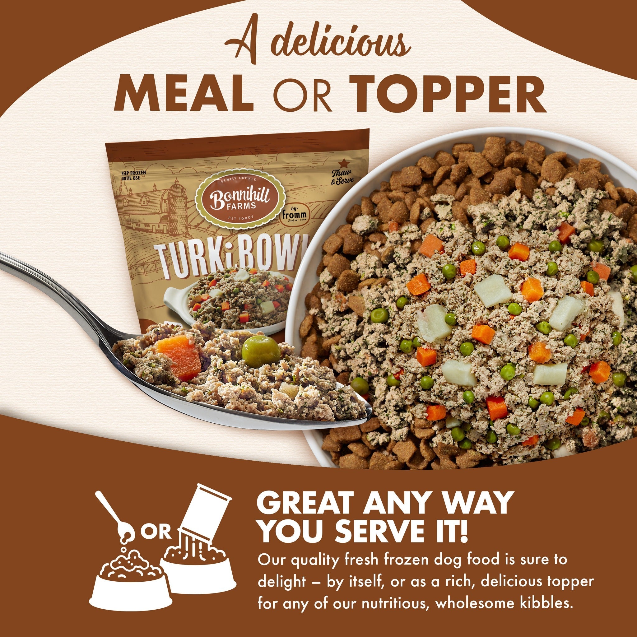 Bonnihill Farms TurkiBowls served as a delicious meal or as a rich topper over kibble