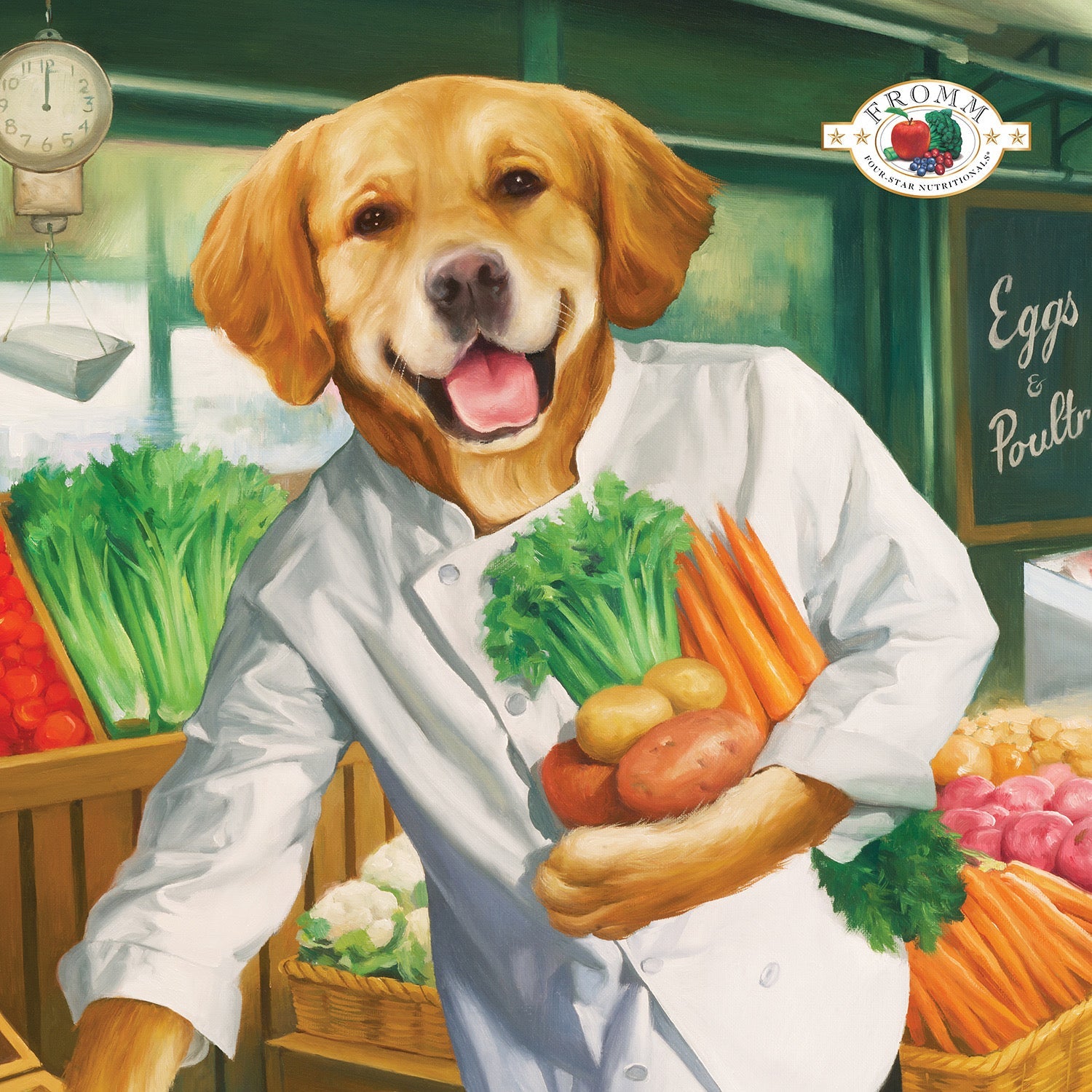 Oil painting of a golden retriever chef carrying vegetables at a farm market