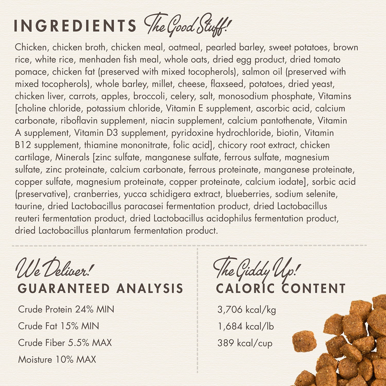 Fromm Chicken A La Veg ingredients panel with guaranteed analysis and caloric content