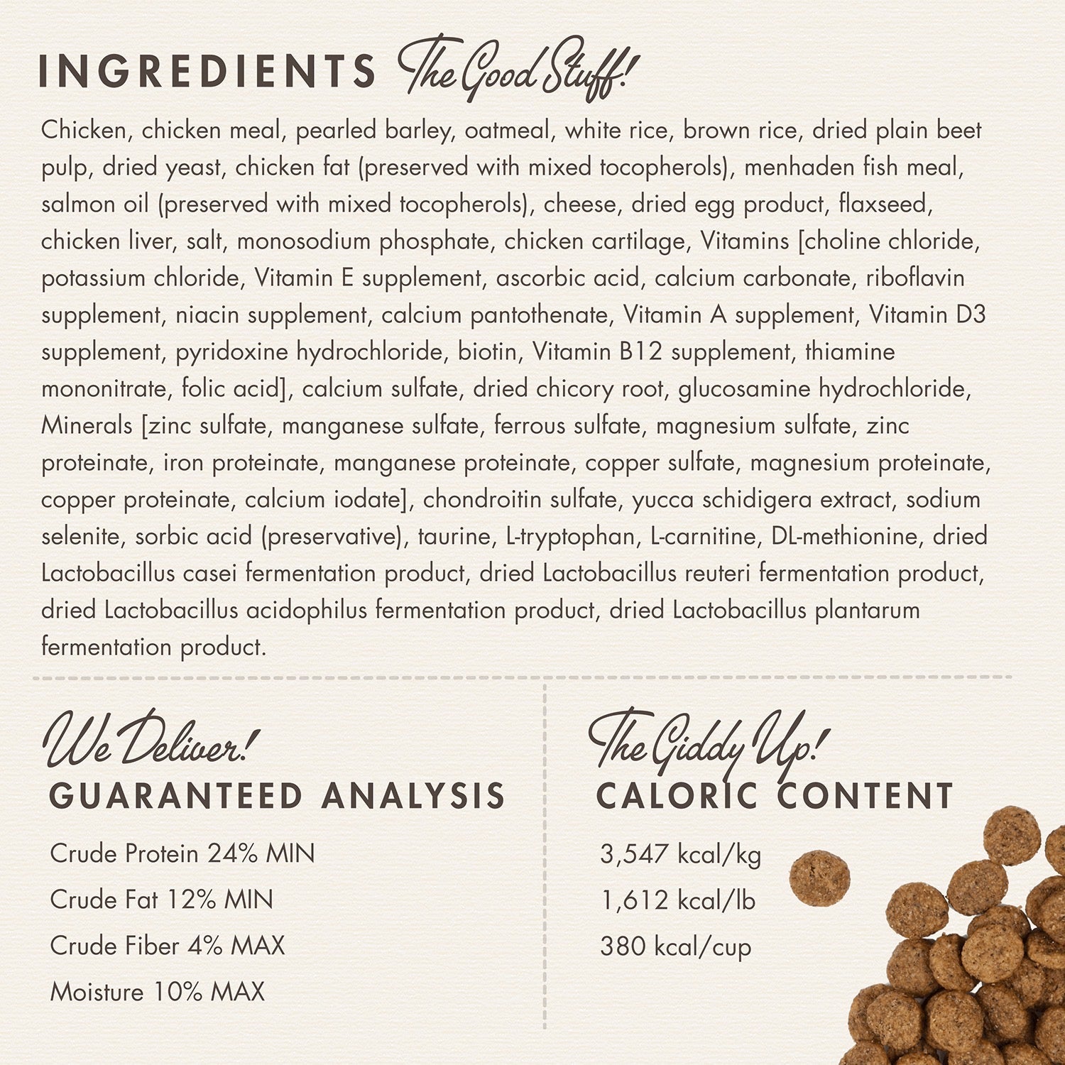 Fromm Classic Adult Large and Giant Breed ingredients panel with guaranteed analysis and caloric content