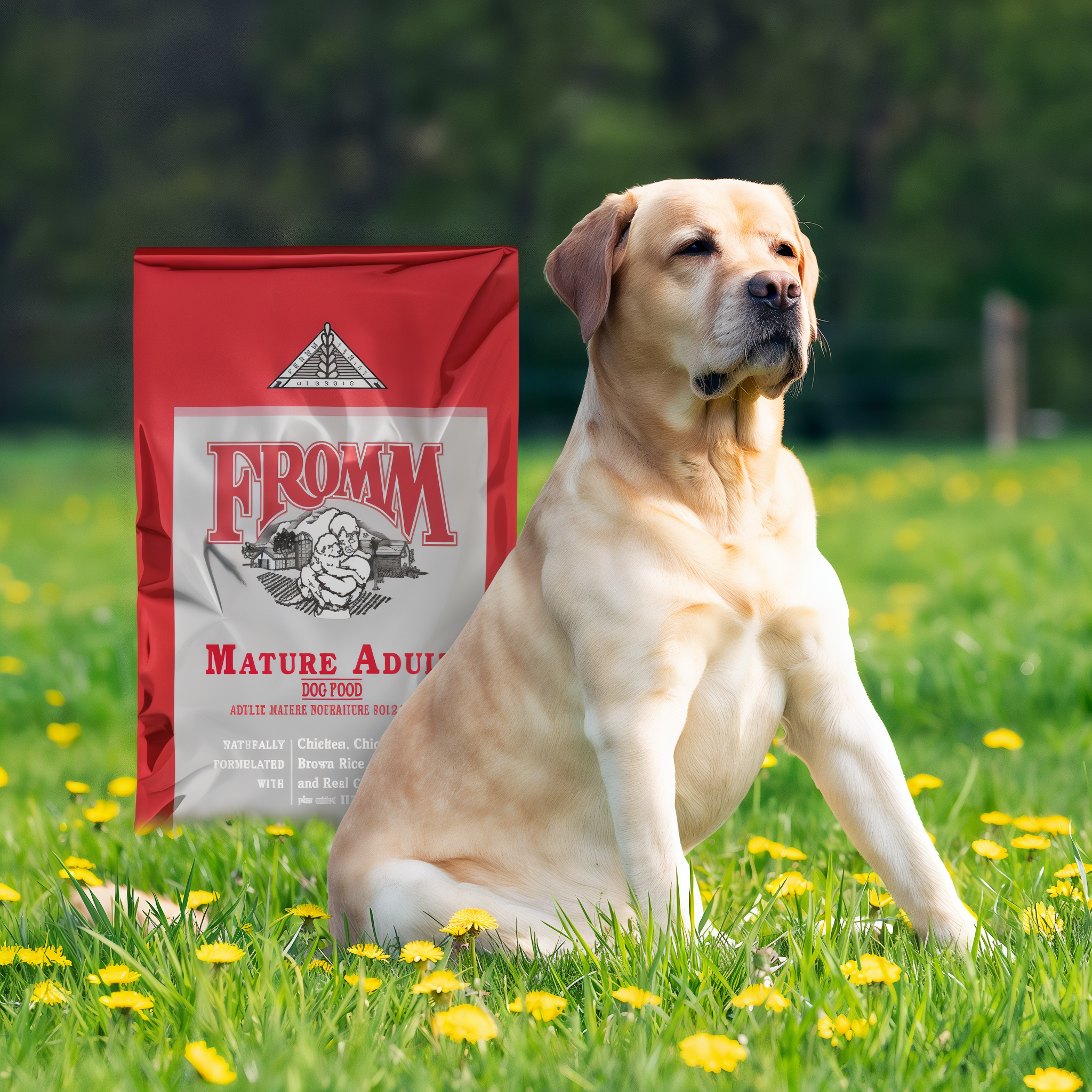 Yellow Labrador sitting beside a bag of Fromm Classic Mature Adult in a field of dandelions