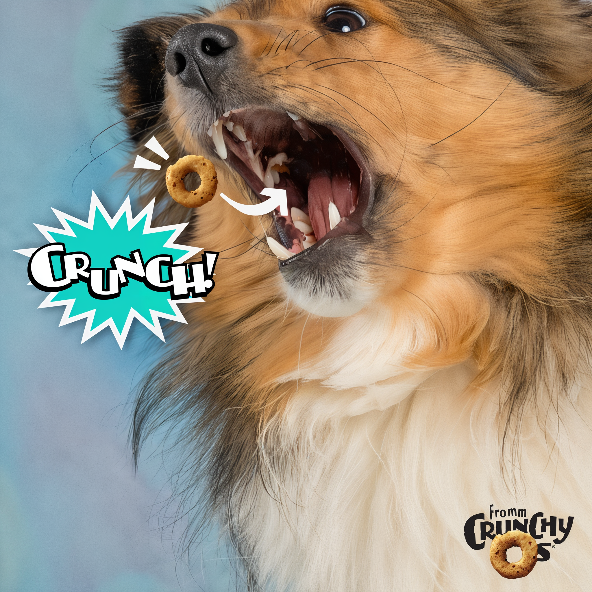 Dog catching a Fromm Crunchy O's treat mid-air with a comic CRUNCH burst