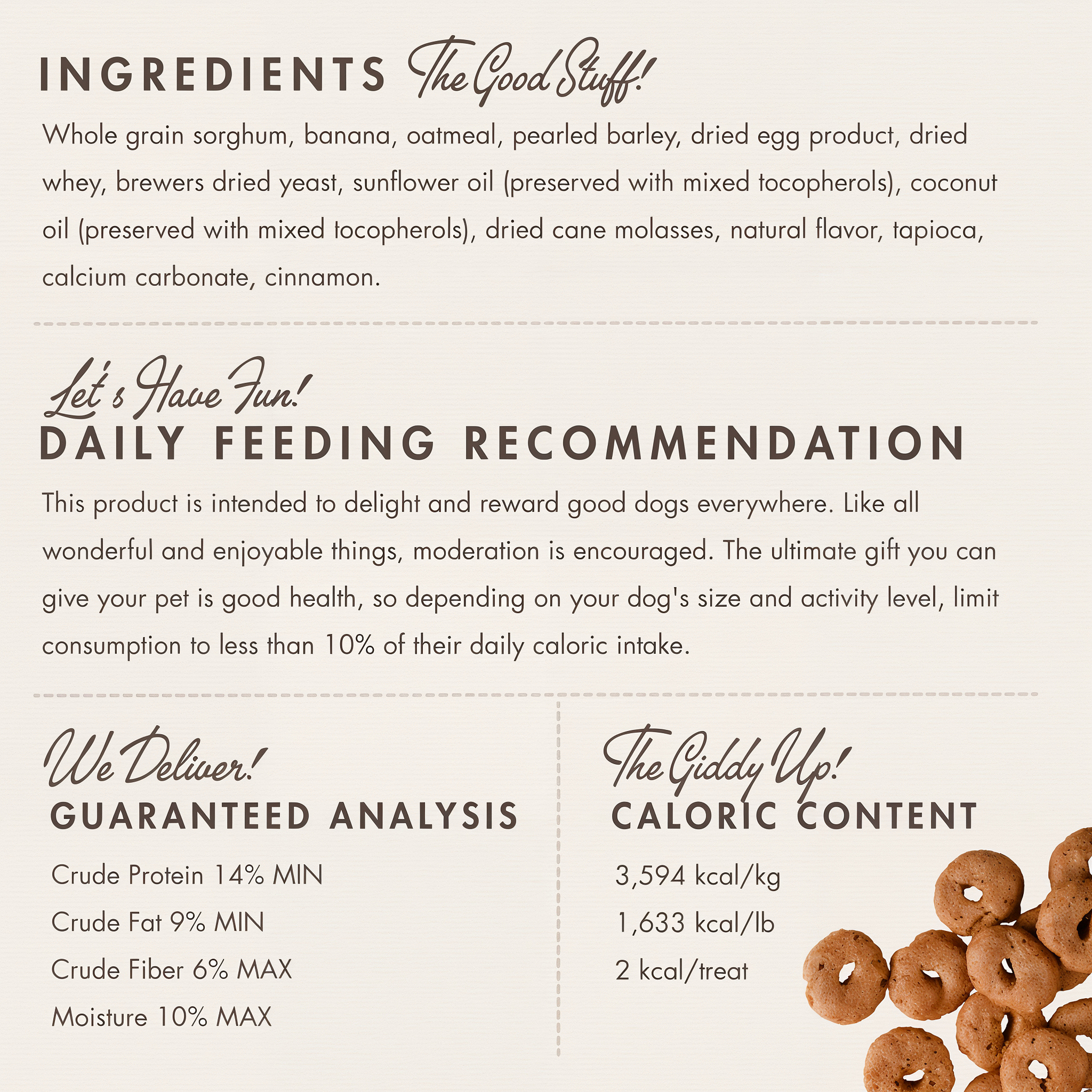 Fromm Crunchy O's Banana Kablammas ingredients panel with feeding recommendation, guaranteed analysis, and caloric content
