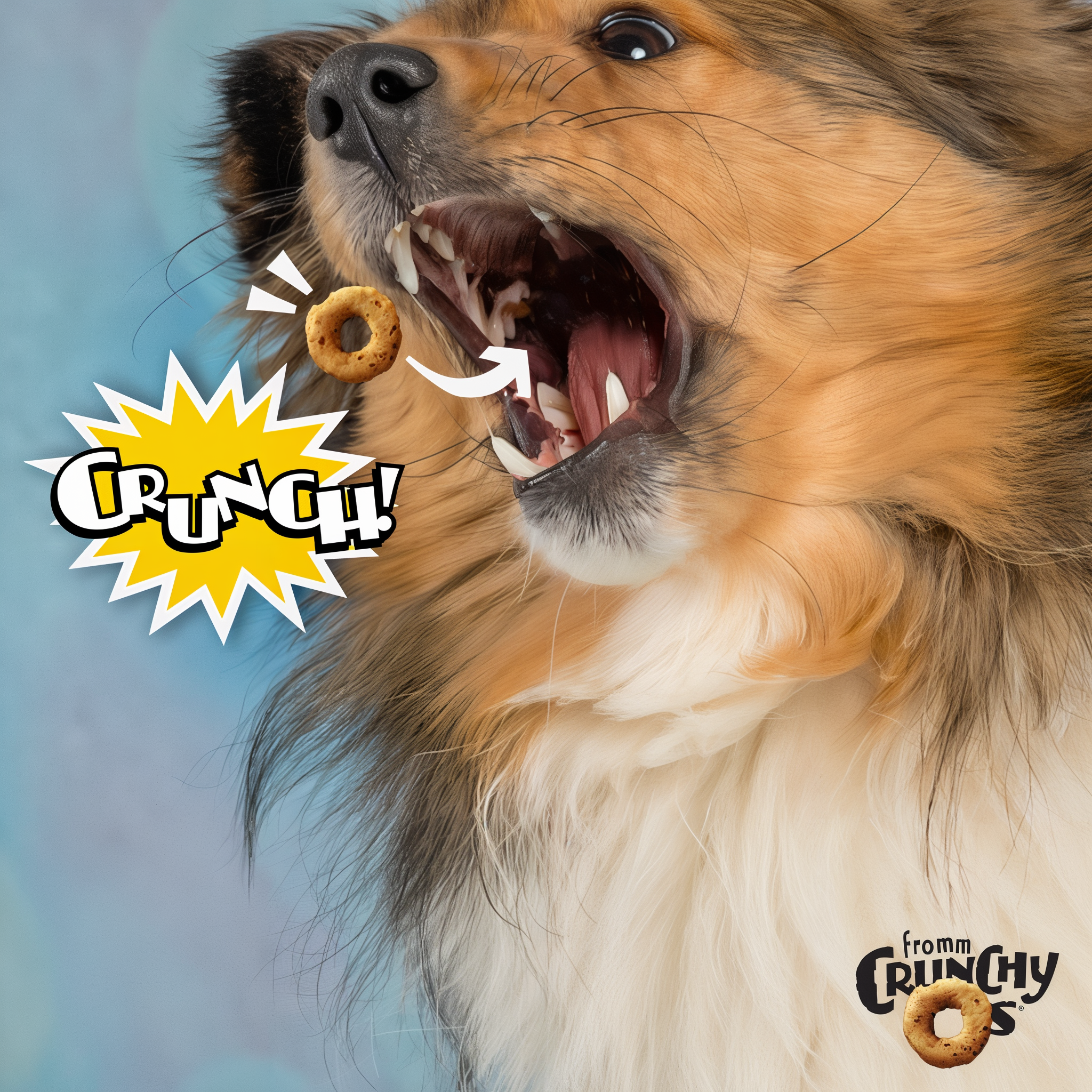 A fluffy dog catching a Fromm Crunchy O's ring treat mid-air with a comic crunch burst