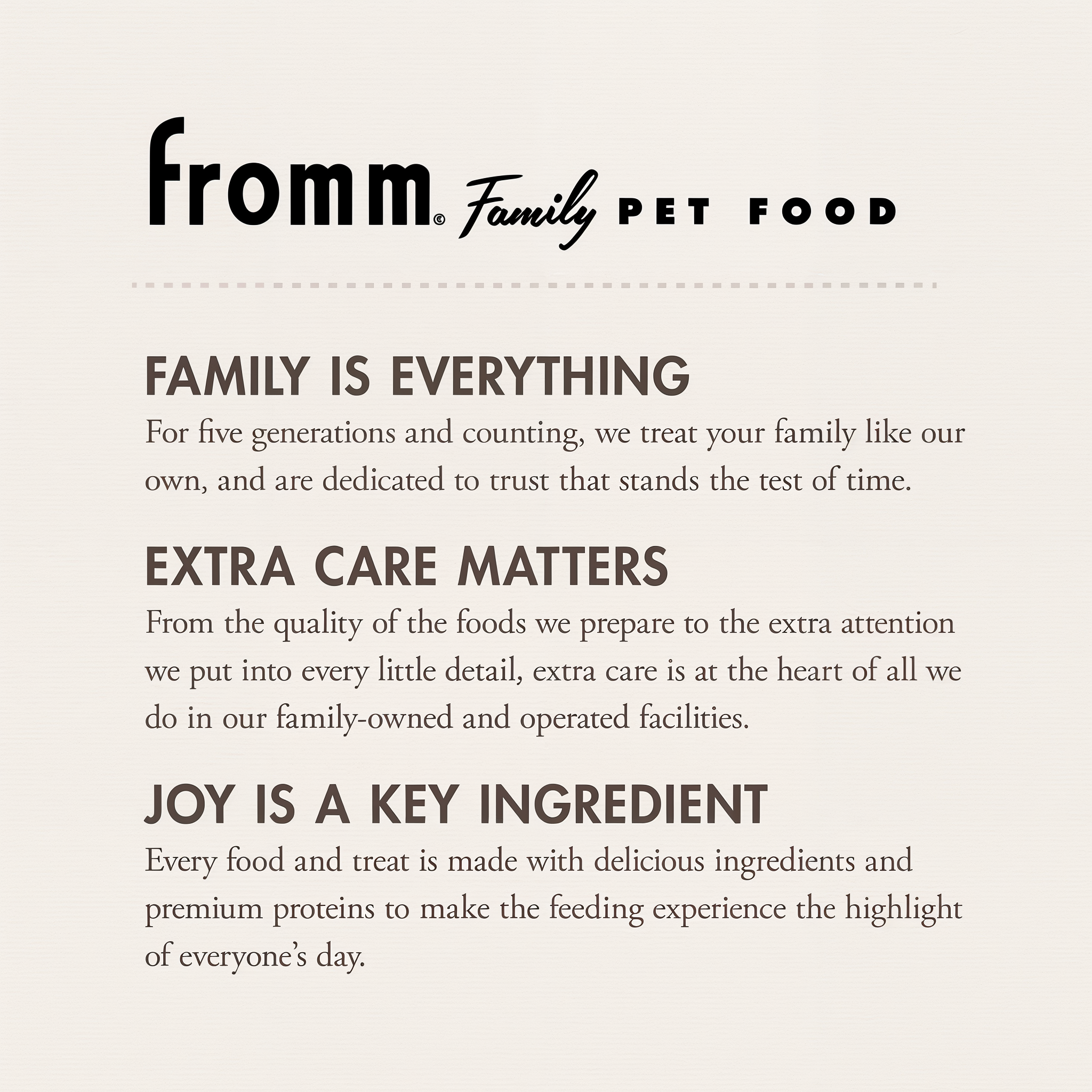 The Fromm Family Pet Food story: family is everything, extra care matters, joy is a key ingredient