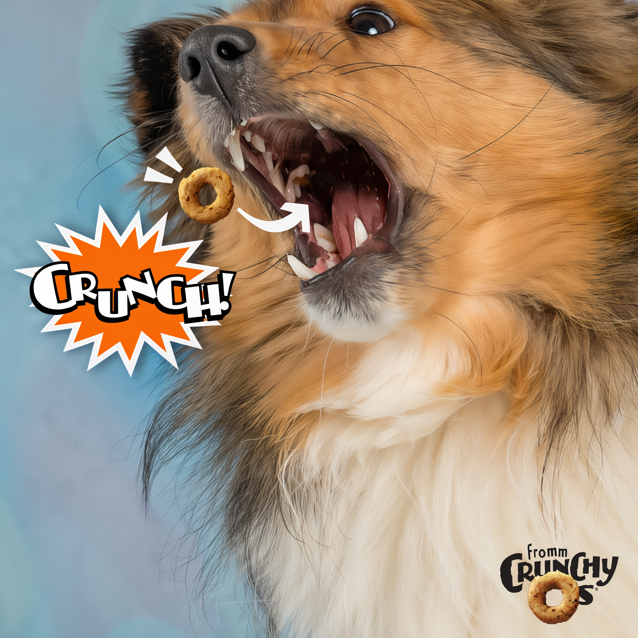 Fluffy dog catching a Fromm Crunchy O's treat mid-air with a comic crunch burst