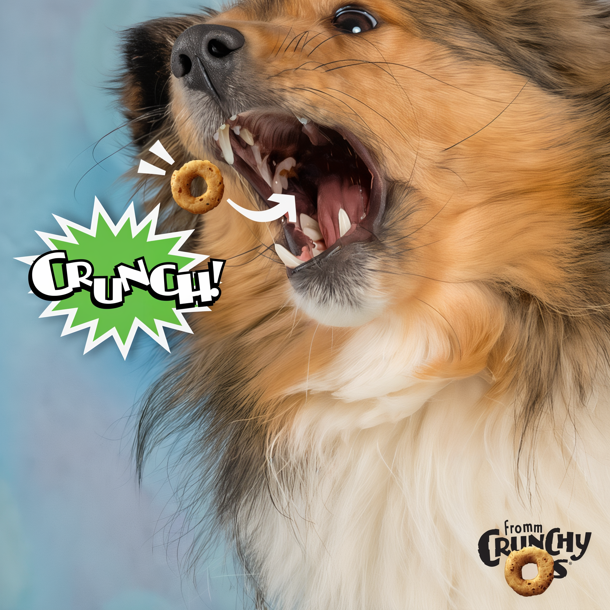 Dog catching a Fromm Crunchy O's treat mid-air with a comic crunch burst