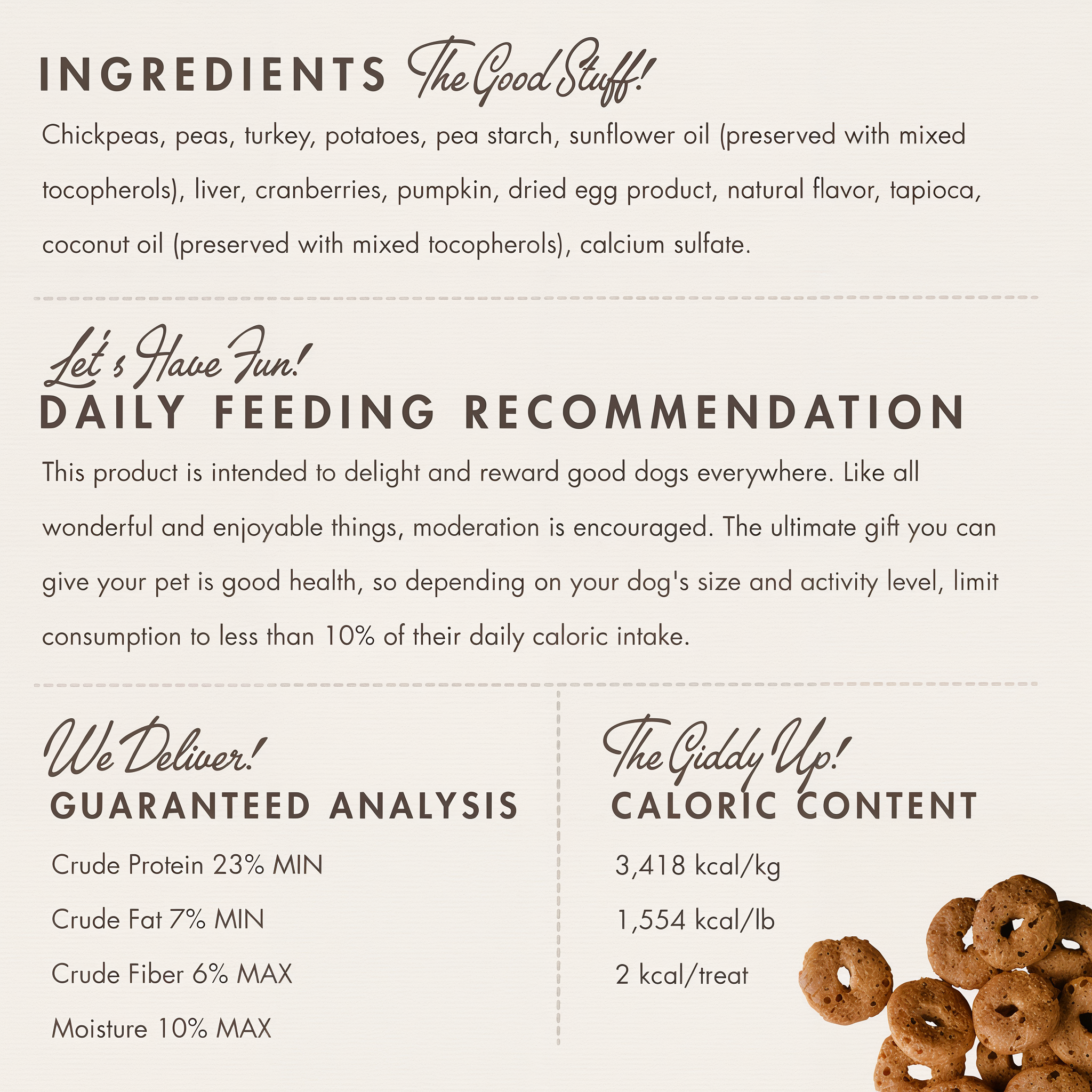 Fromm Crunchy O's Pumpkin Kran POW ingredients panel with guaranteed analysis and caloric content