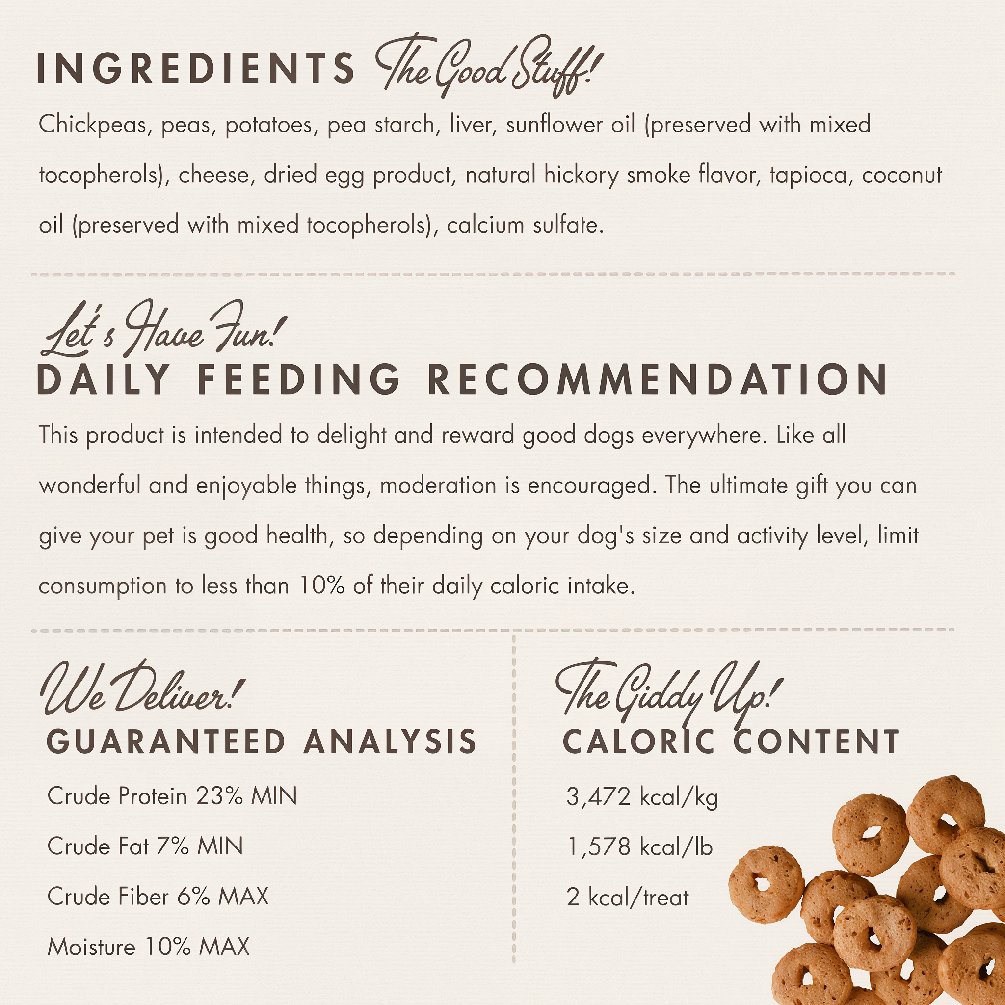 Fromm Crunchy O's Smokin' CheesePlosions ingredients panel with daily feeding recommendation, guaranteed analysis, and caloric content