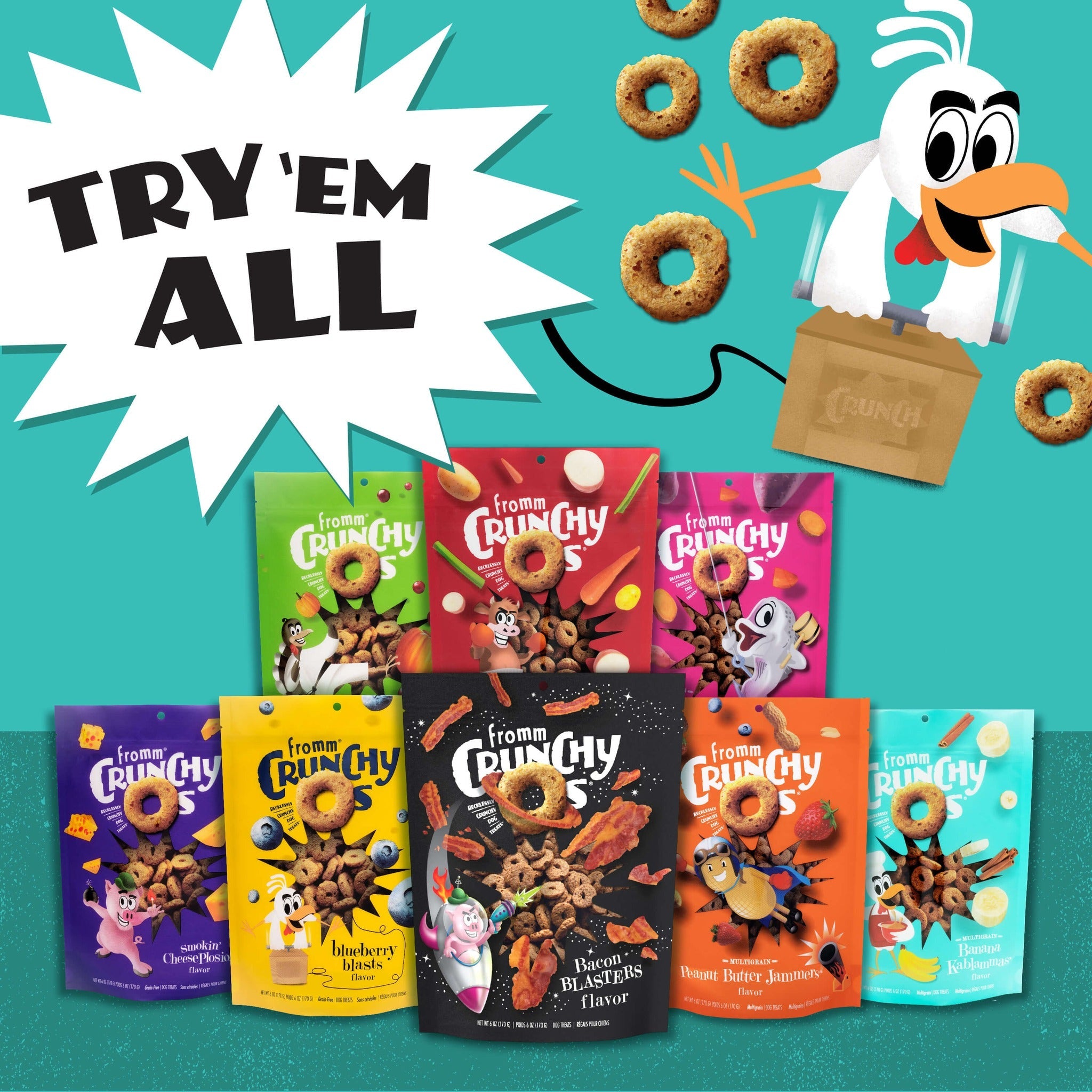 Try 'em all: the full Fromm Crunchy O's dog treat flavor lineup