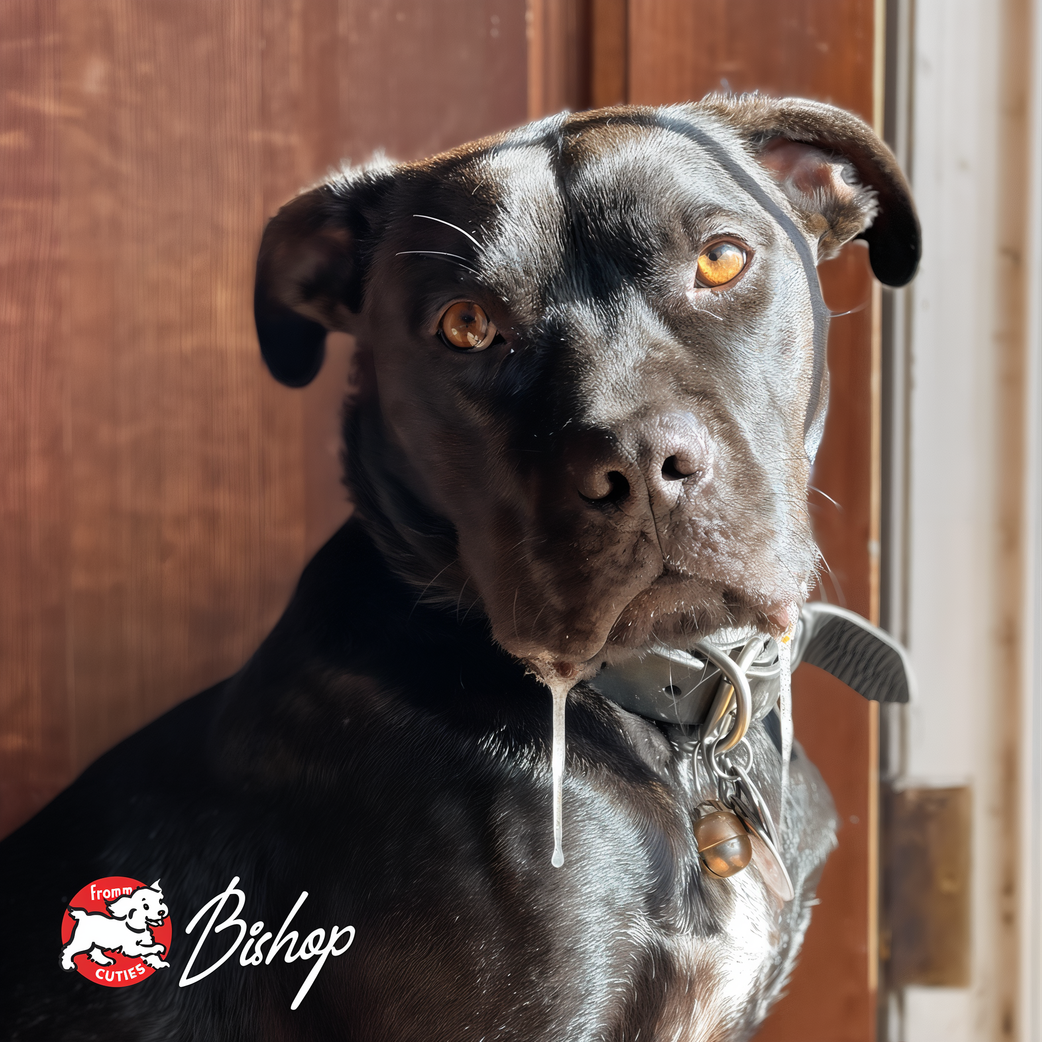 Black dog Bishop beside a wooden door indoors, from the Fromm Cuties gallery