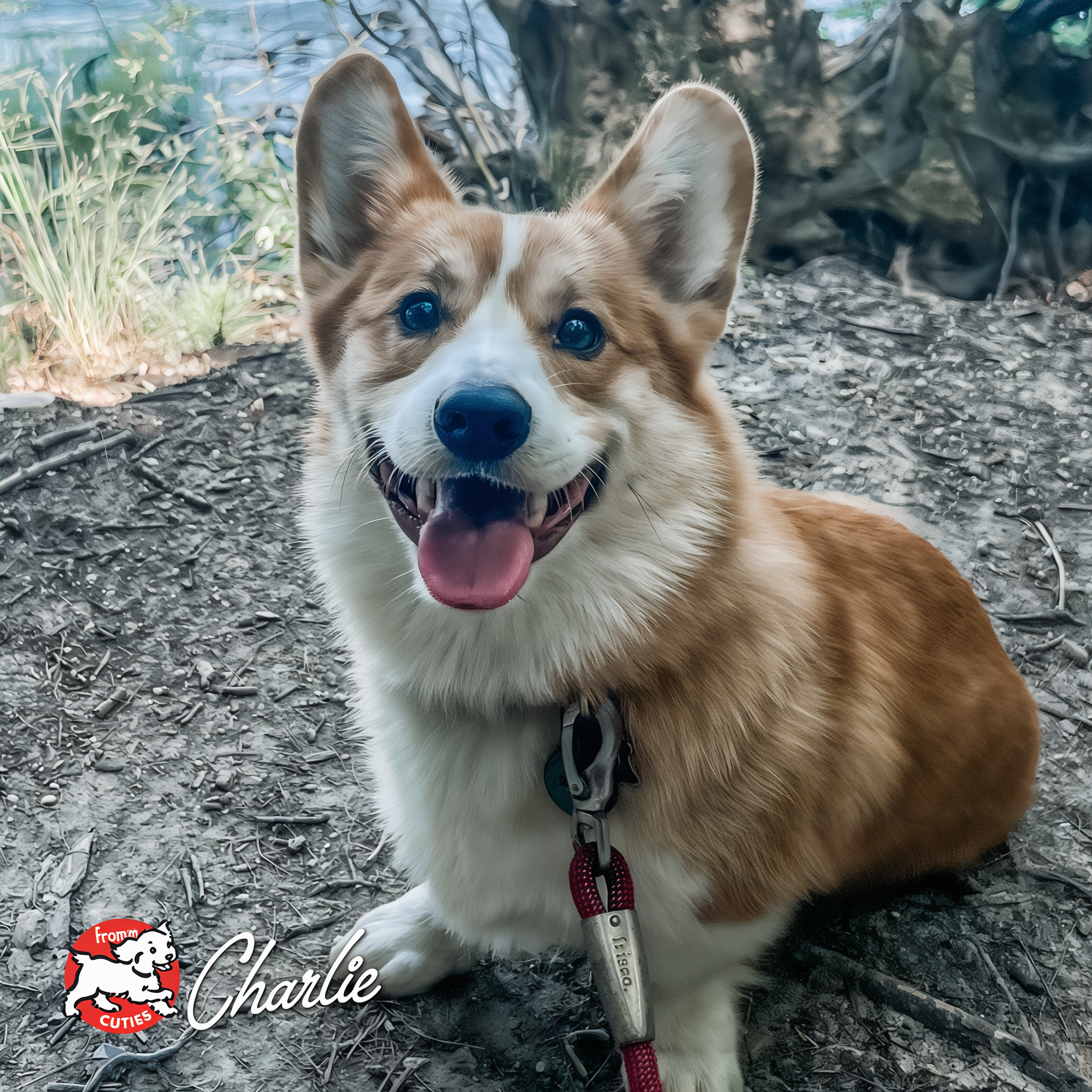 Red and white dog Charlie with upright ears sitting outdoors, from the Fromm Cuties gallery