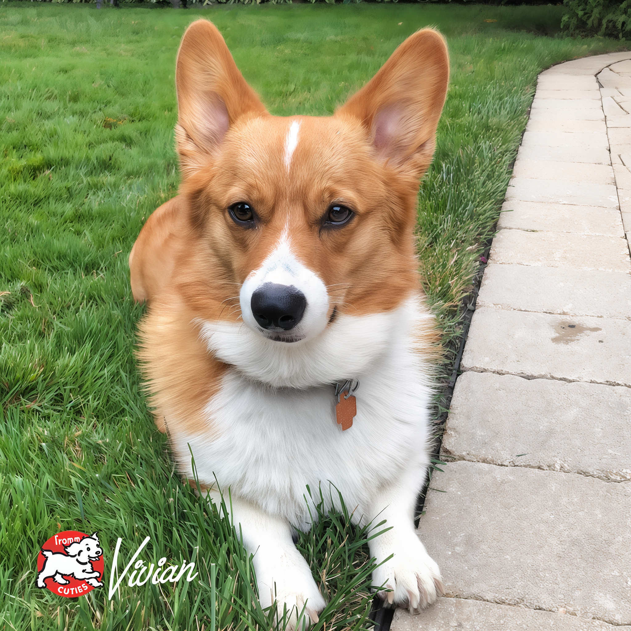 Red and white dog Vivian lying on grass beside a paver walkway, from the Fromm Cuties gallery