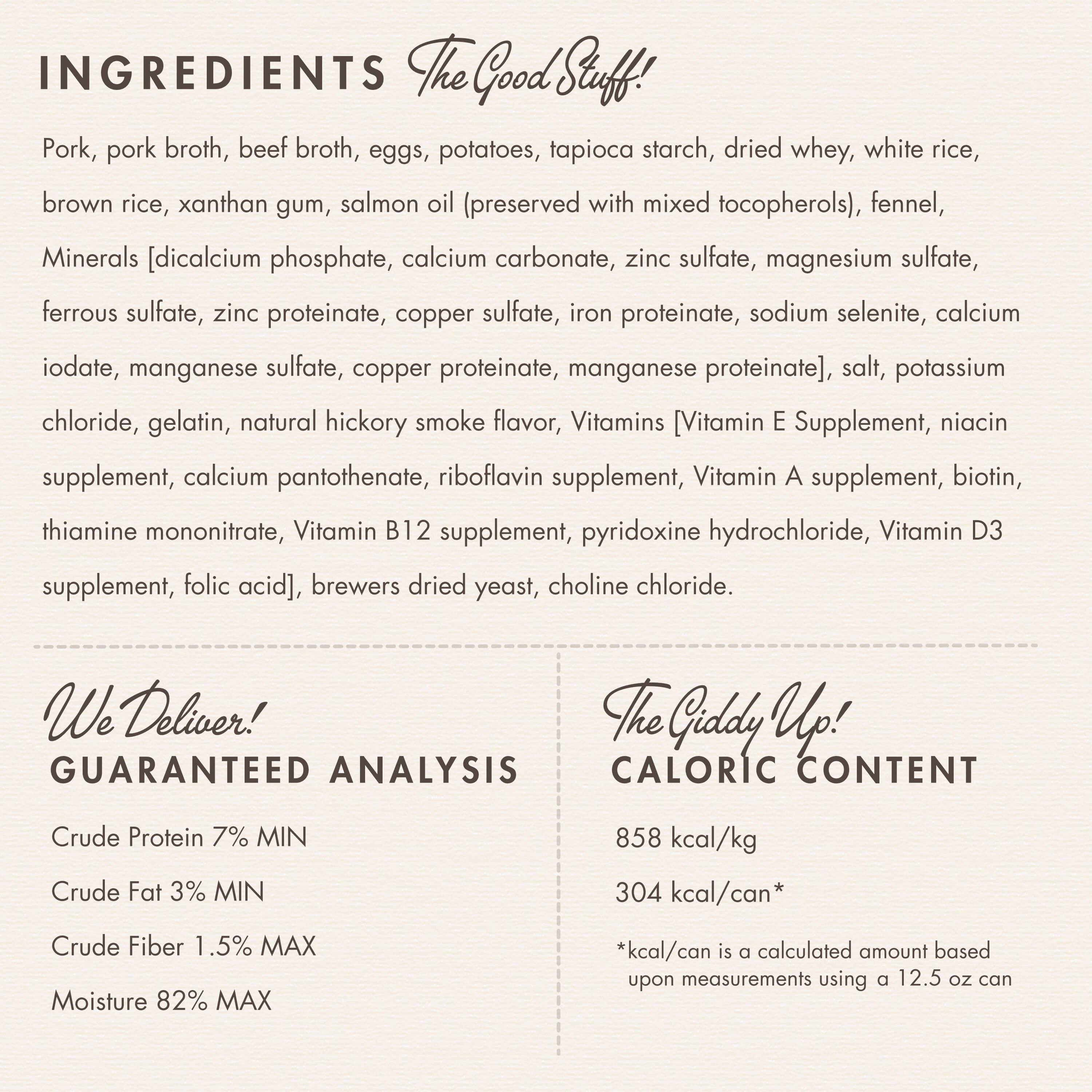 Fromm Diner Breakfast Betty's Biscuits & Gravy ingredients panel with guaranteed analysis and caloric content