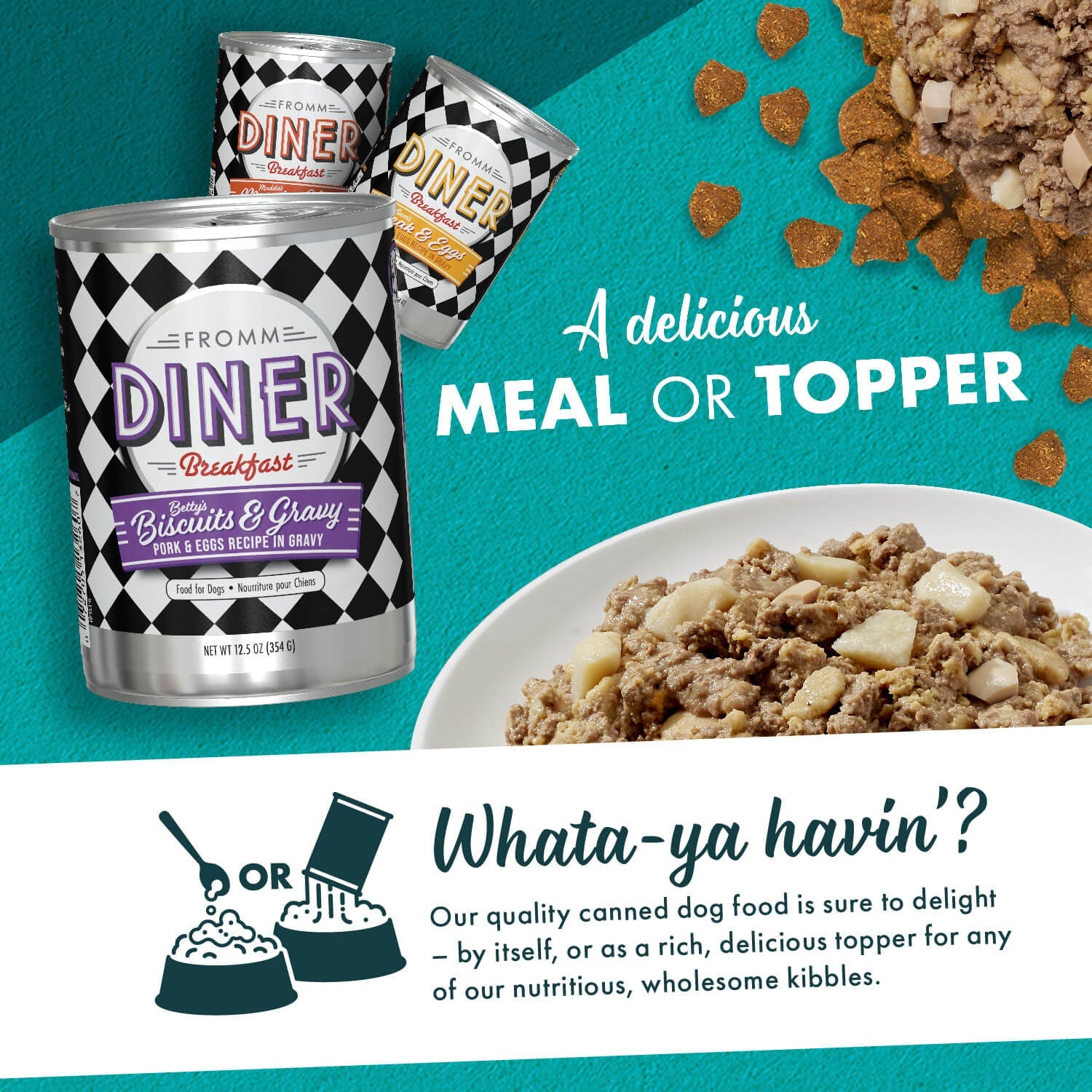 Fromm Diner Breakfast canned food served as a delicious meal or as a topper over kibble