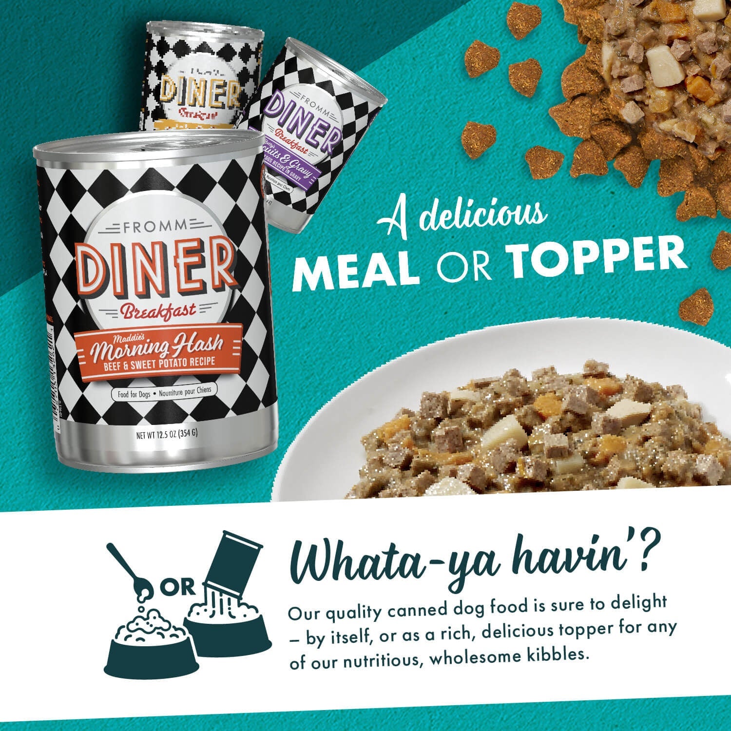 Fromm Diner Breakfast canned food served as a delicious meal or as a topper over kibble